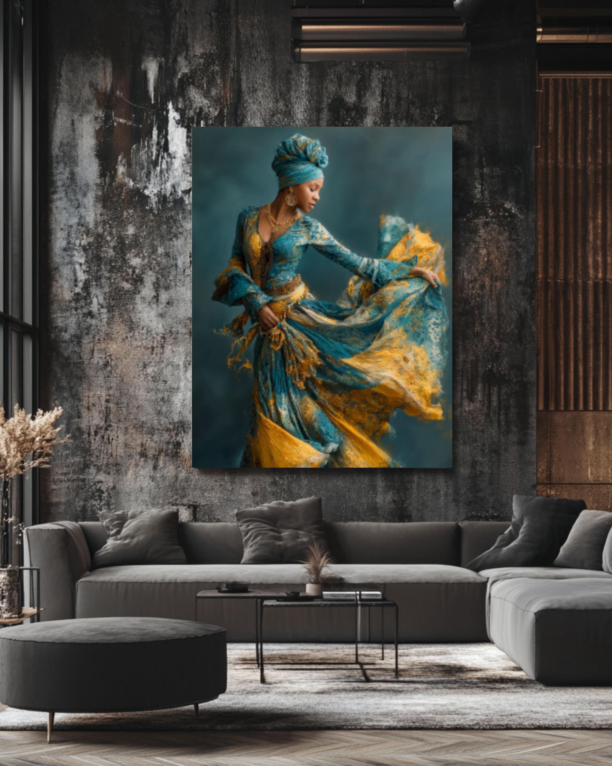 Black Woman Dancing Canvas Wall Art – Afrocentric Blue & Gold Dress Painting