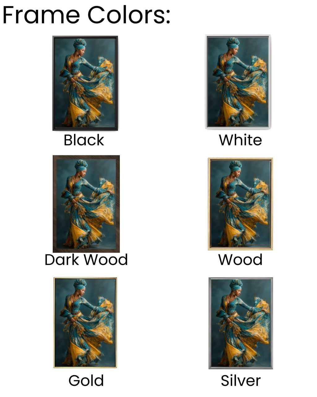 Black Woman Dancing Canvas Wall Art – Afrocentric Blue & Gold Dress Painting