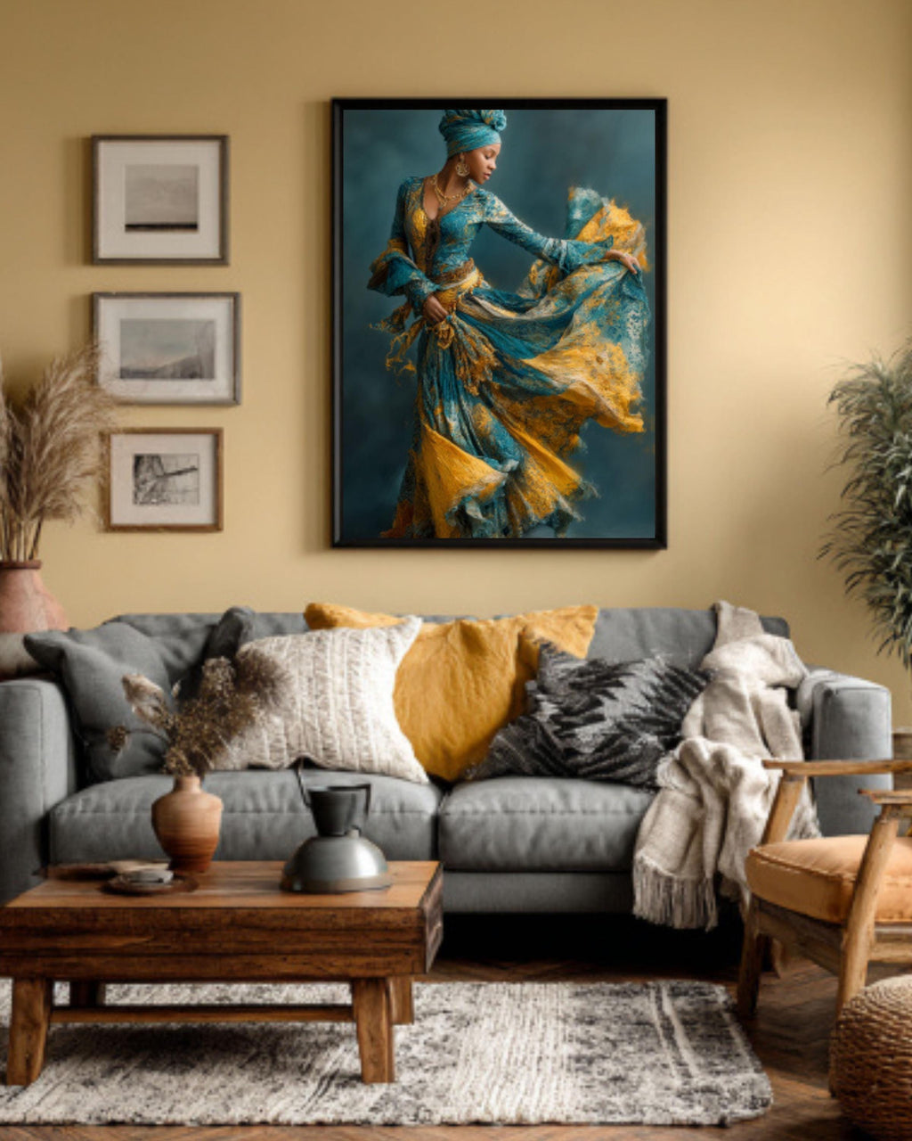 Black Woman Dancing Canvas Wall Art – Afrocentric Blue & Gold Dress Painting