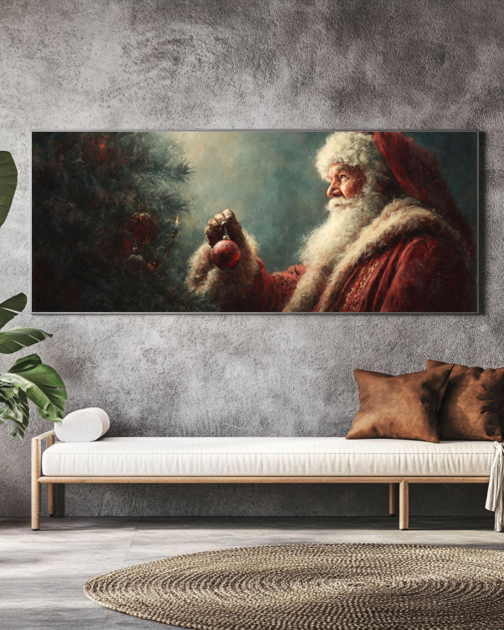 Santa Decorating Christmas Tree Canvas Wall Art – Classic Holiday Oil Painting