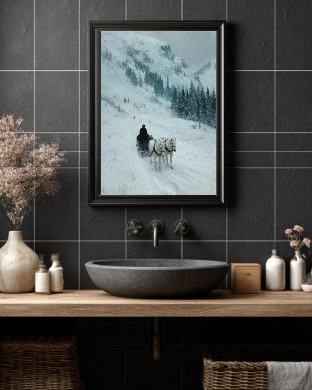 Winter Horse Sled Landscape Wall Art Print – Classic Impressionist Style Scenic Decor