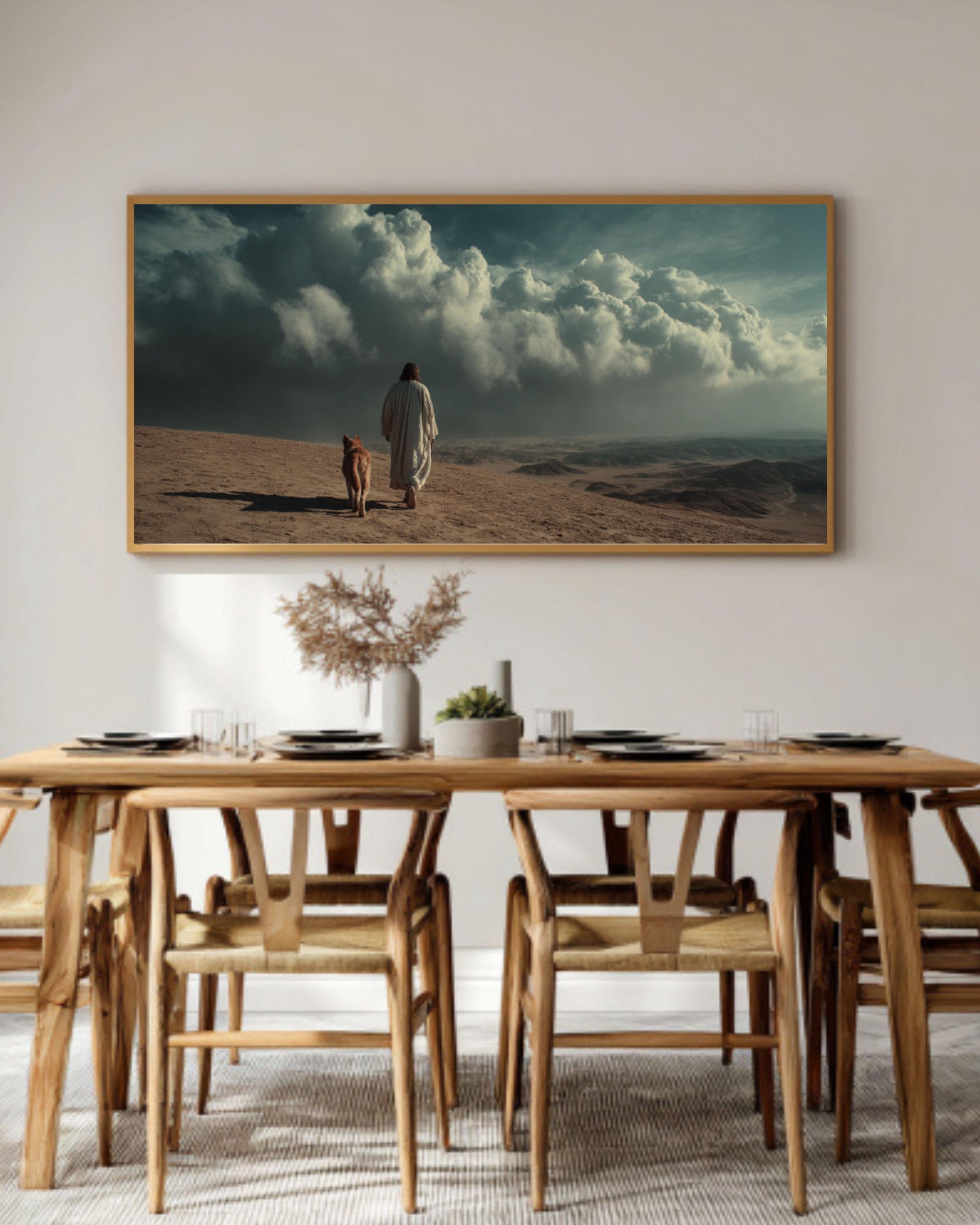 Jesus Walking with Dog Canvas Art – Minimalist Christian Wall Decor