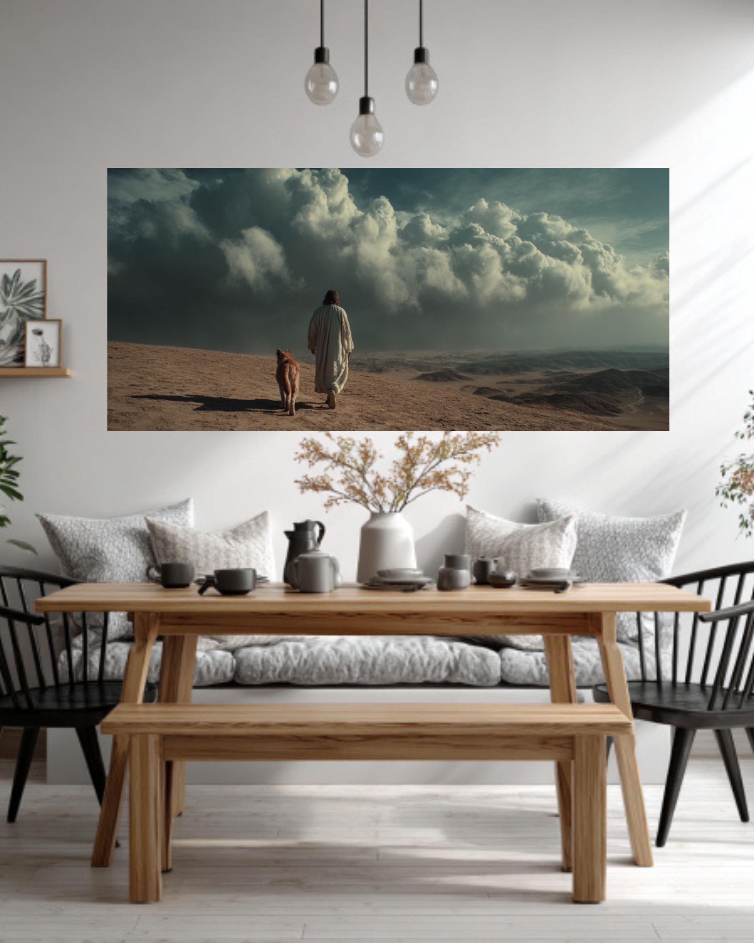 Jesus Walking with Dog Canvas Art – Minimalist Christian Wall Decor