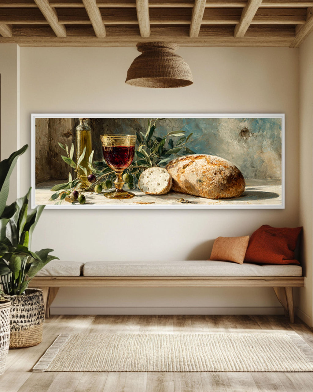 Olive and Wine Still Life Canvas Art – Rustic Kitchen Wall Decor