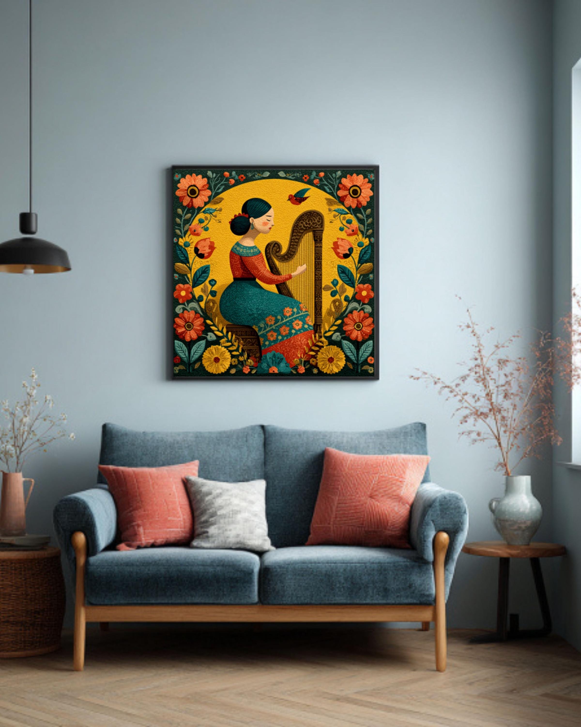 Mexican Folk Art Harpist Print â€“ Colorful Floral Latin Wall Art Canvas Wall Art Print – Premium Home Decor