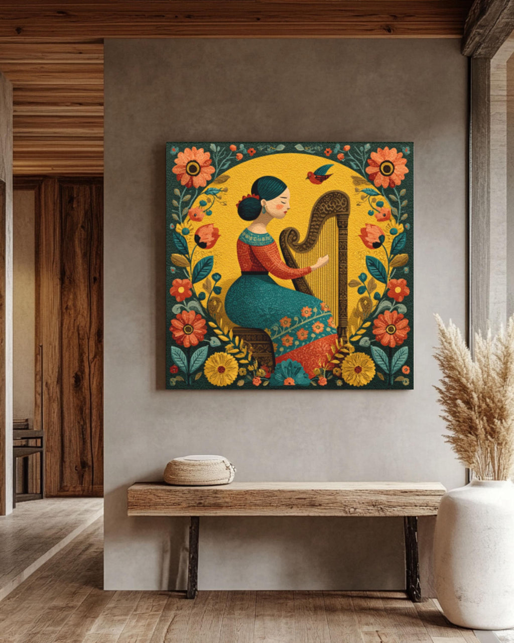 Mexican Folk Art Harpist Print â€“ Colorful Floral Latin Wall Art Canvas Wall Art Print – Premium Home Decor