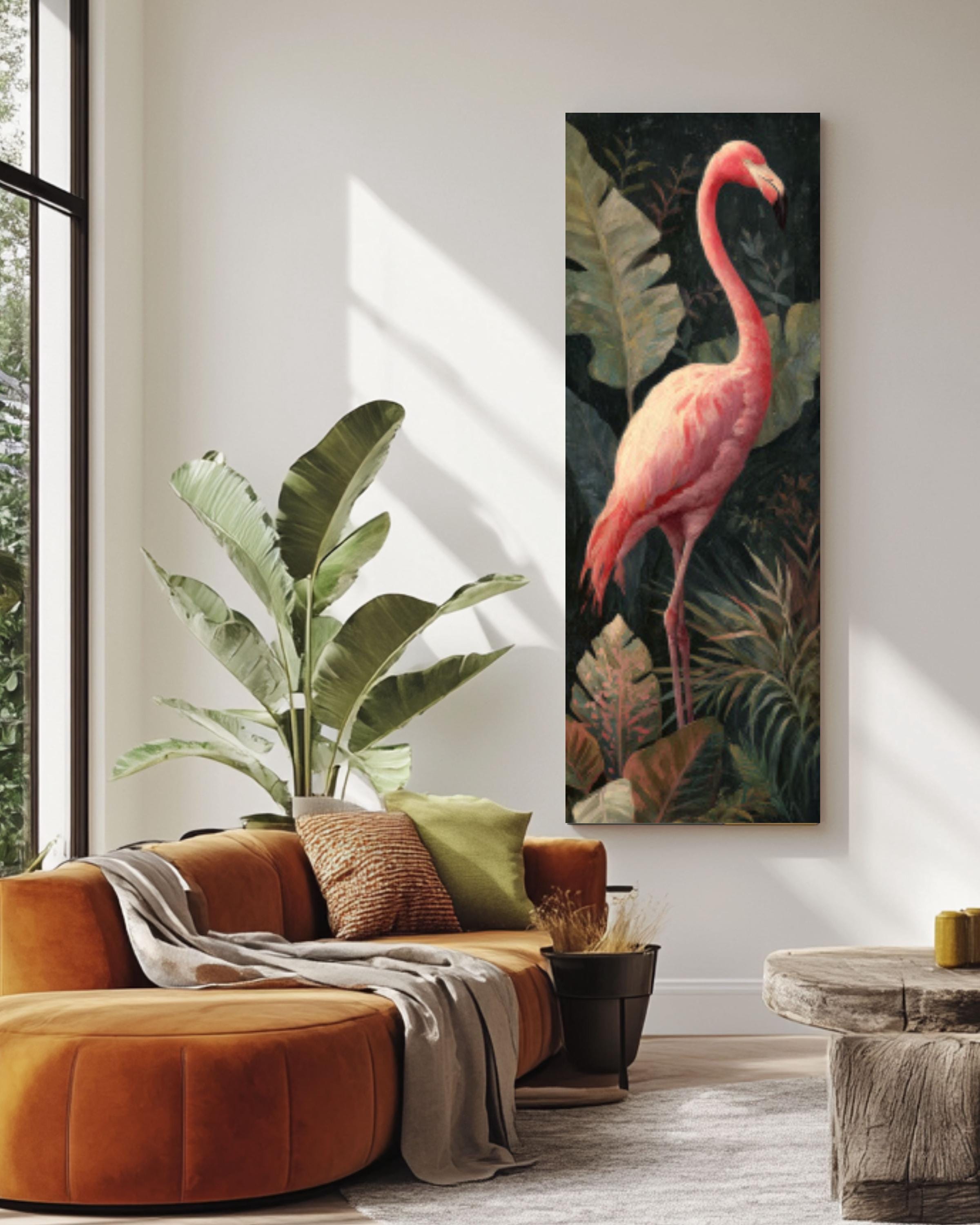 Pink Flamingo Jungle Canvas Art | Dark Academia Tropical Decor