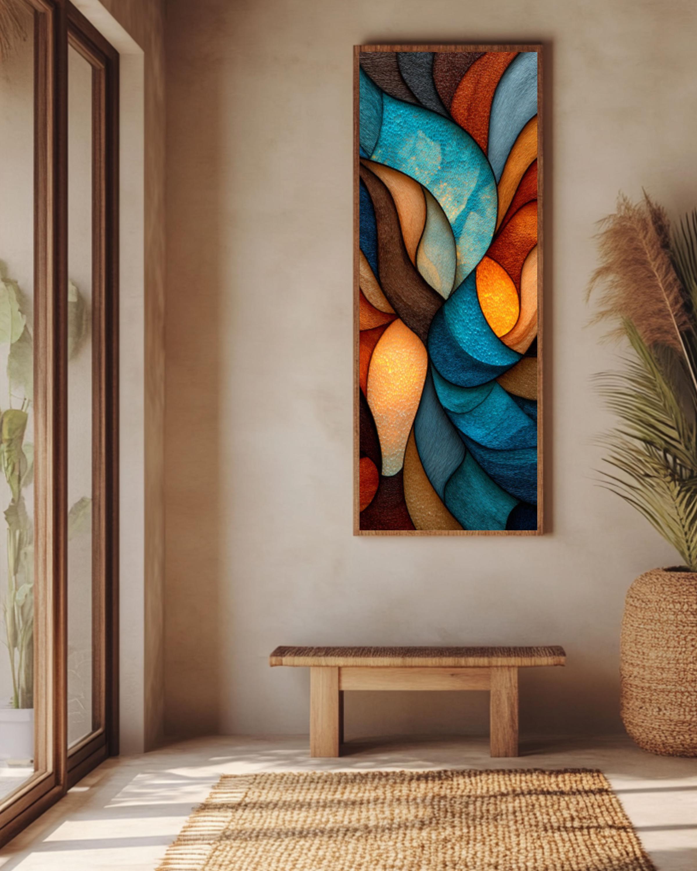 Abstract Stained Glass Style Canvas Art â€“ Earthy Brown & Blue Canvas Wall Art Print – Premium Home Decor