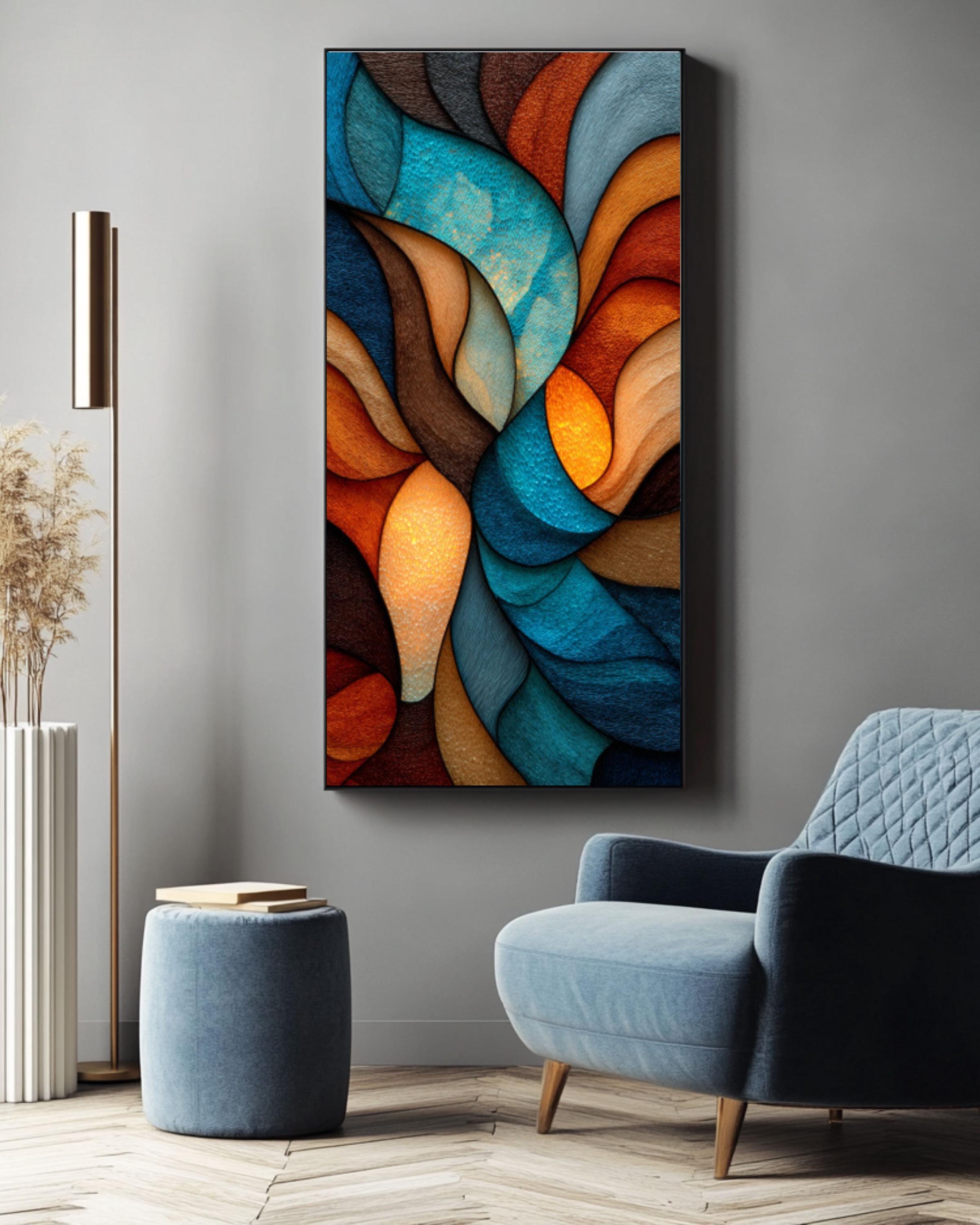Abstract Stained Glass Style Canvas Art â€“ Earthy Brown & Blue Canvas Wall Art Print – Premium Home Decor