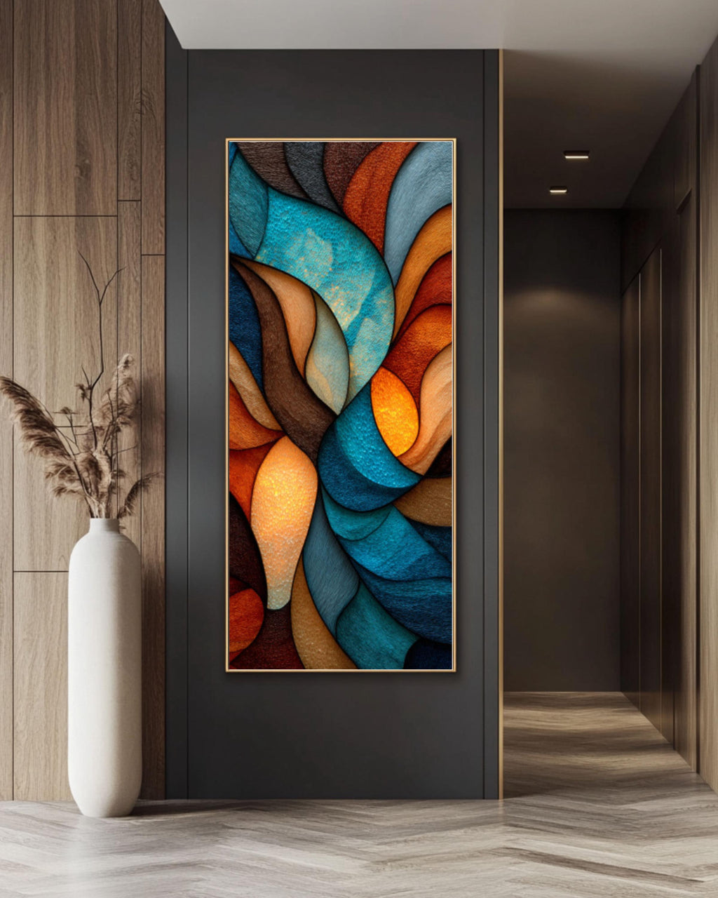 Abstract Stained Glass Style Canvas Art â€“ Earthy Brown & Blue Canvas Wall Art Print – Premium Home Decor
