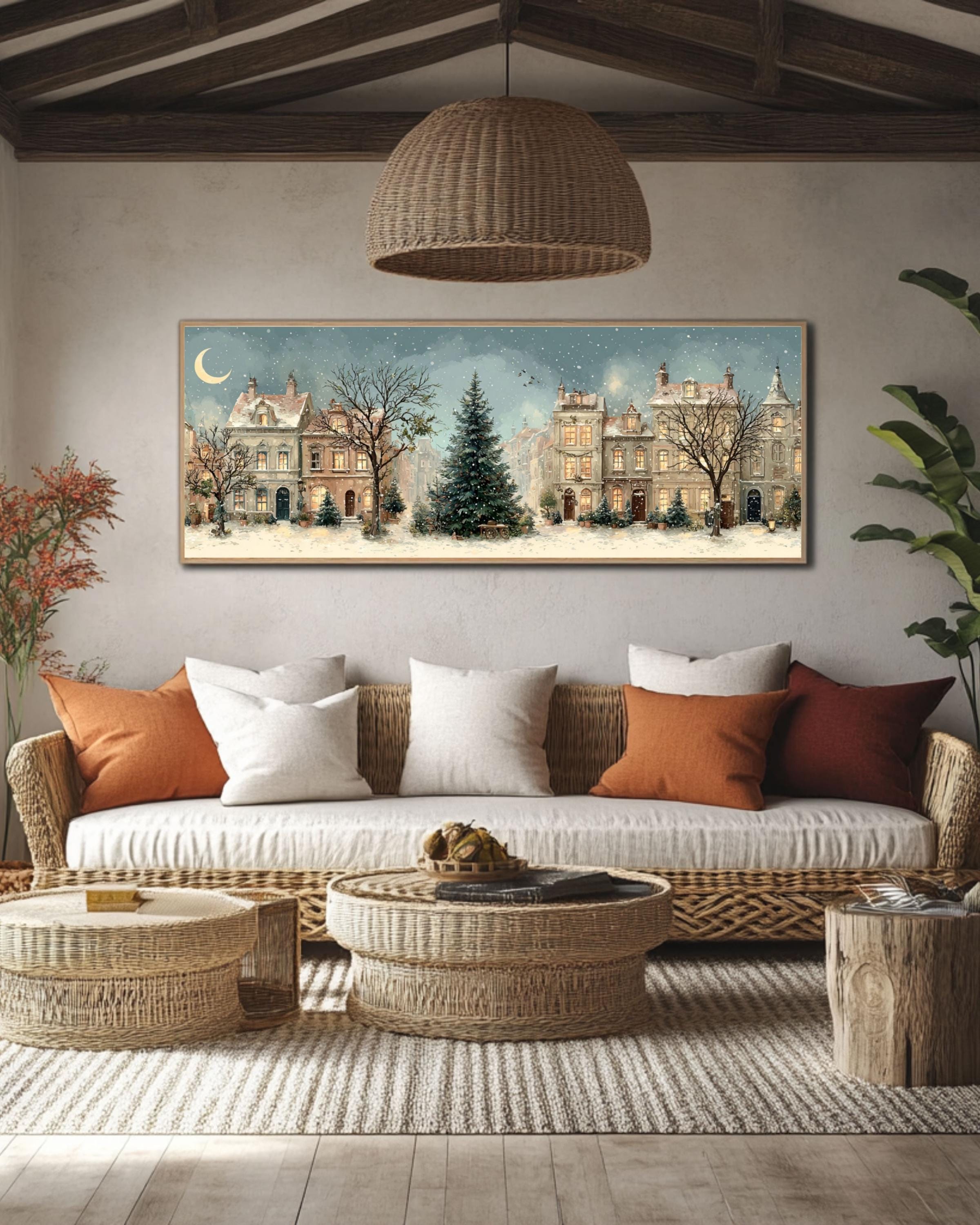 Vintage Winter Town Christmas Tree Watercolor â€“ Snowy Village Canvas or Framed Art Canvas Wall Art Print – Premium Home Decor