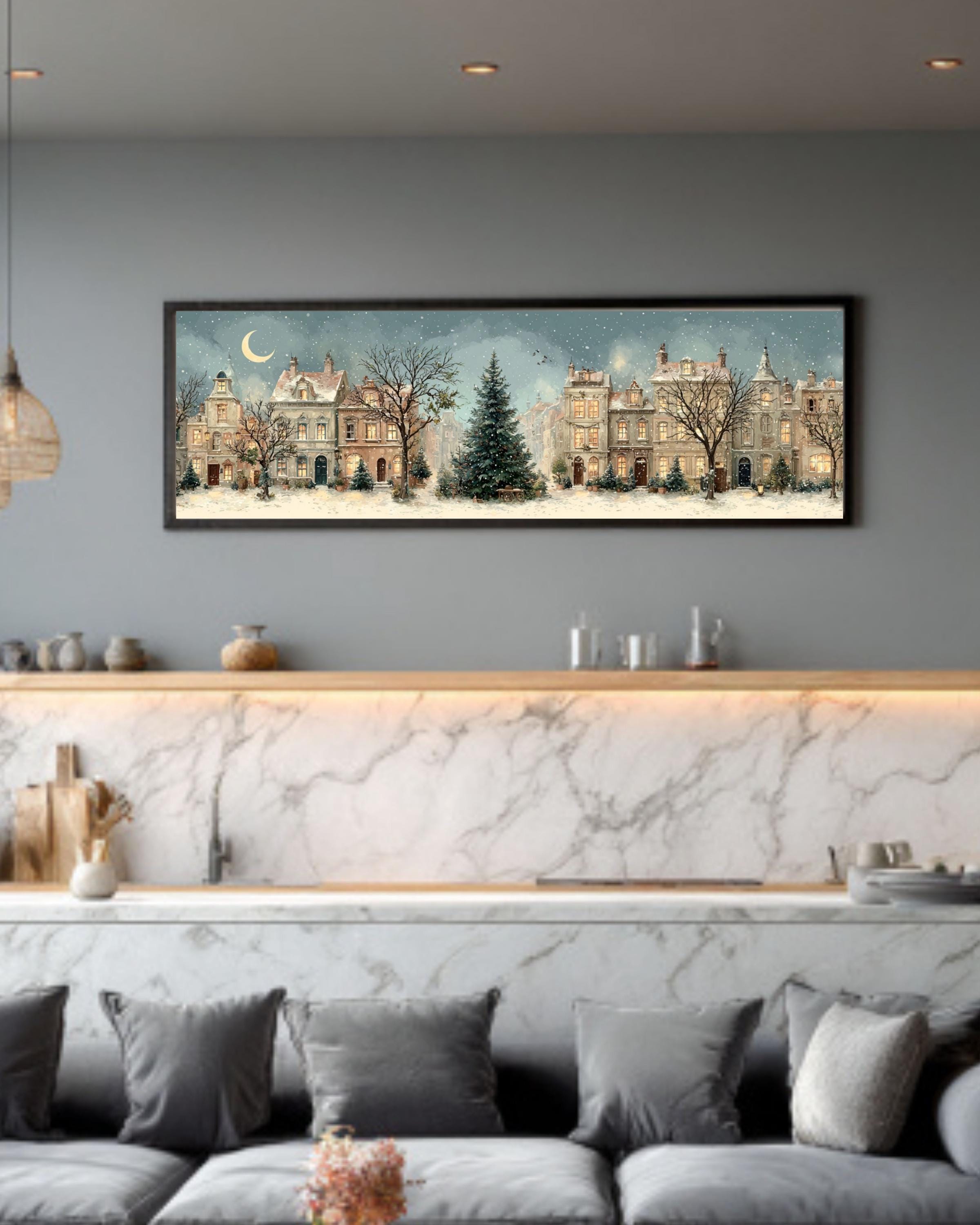 Vintage Winter Town Christmas Tree Watercolor â€“ Snowy Village Canvas or Framed Art Canvas Wall Art Print – Premium Home Decor