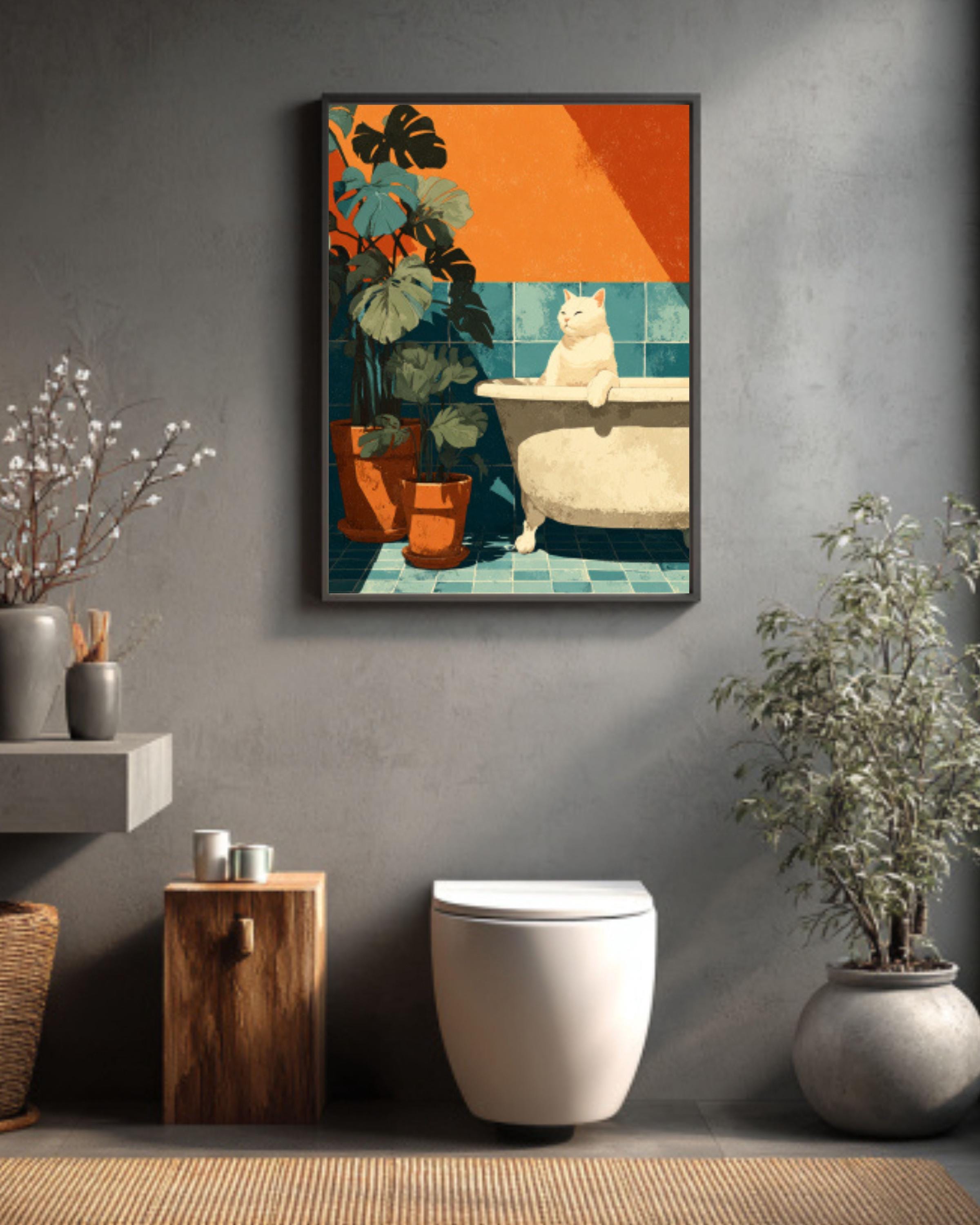 Matisse Style Cat in Bathtub Canvas Wall Art – Whimsical Bathroom Décor