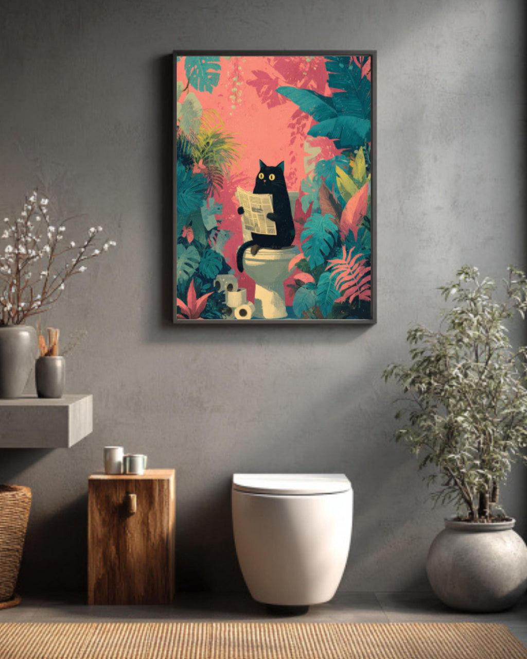 Funny Black Cat Bathroom Canvas Wall Art – Tropical Jungle Décor