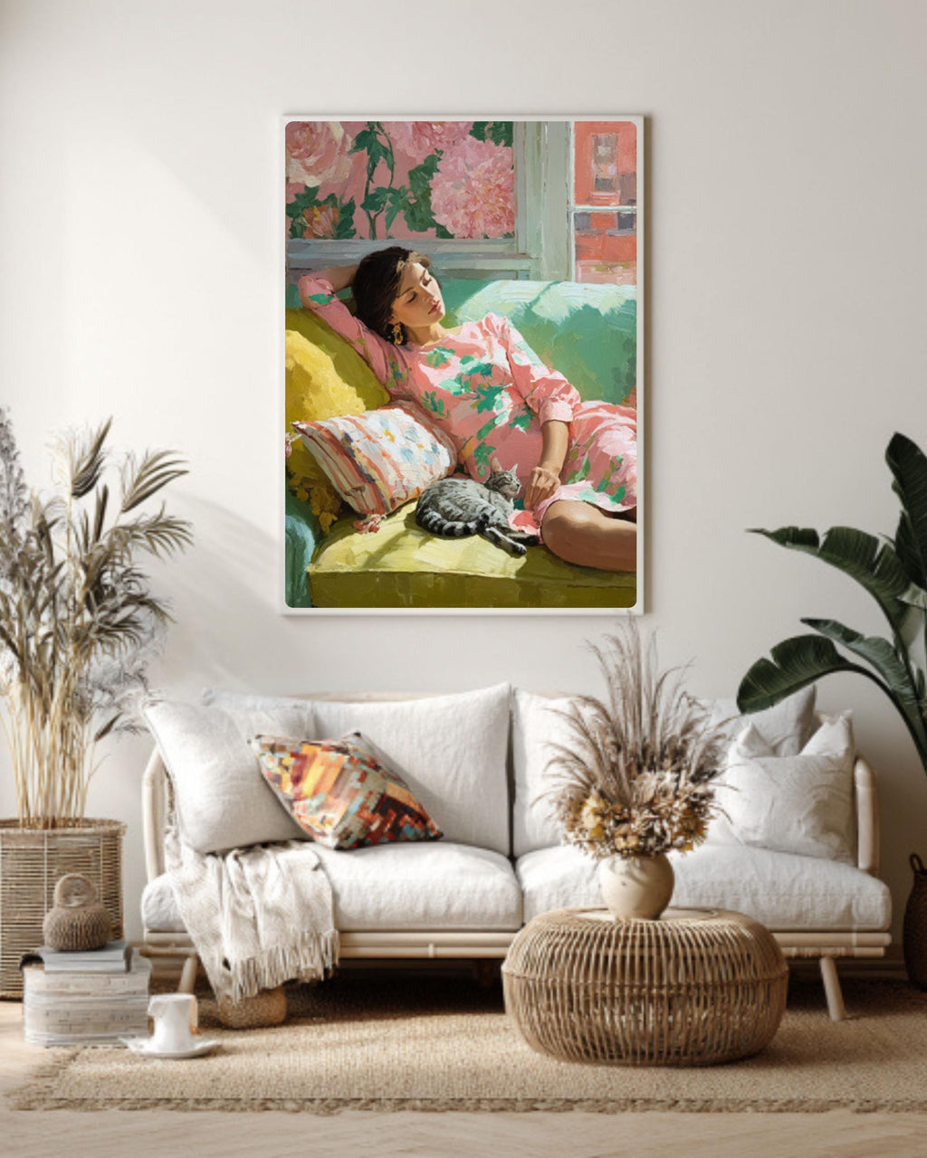 Matisse Inspired Woman and Cat Canvas Print – Pastel Modern Wall Art