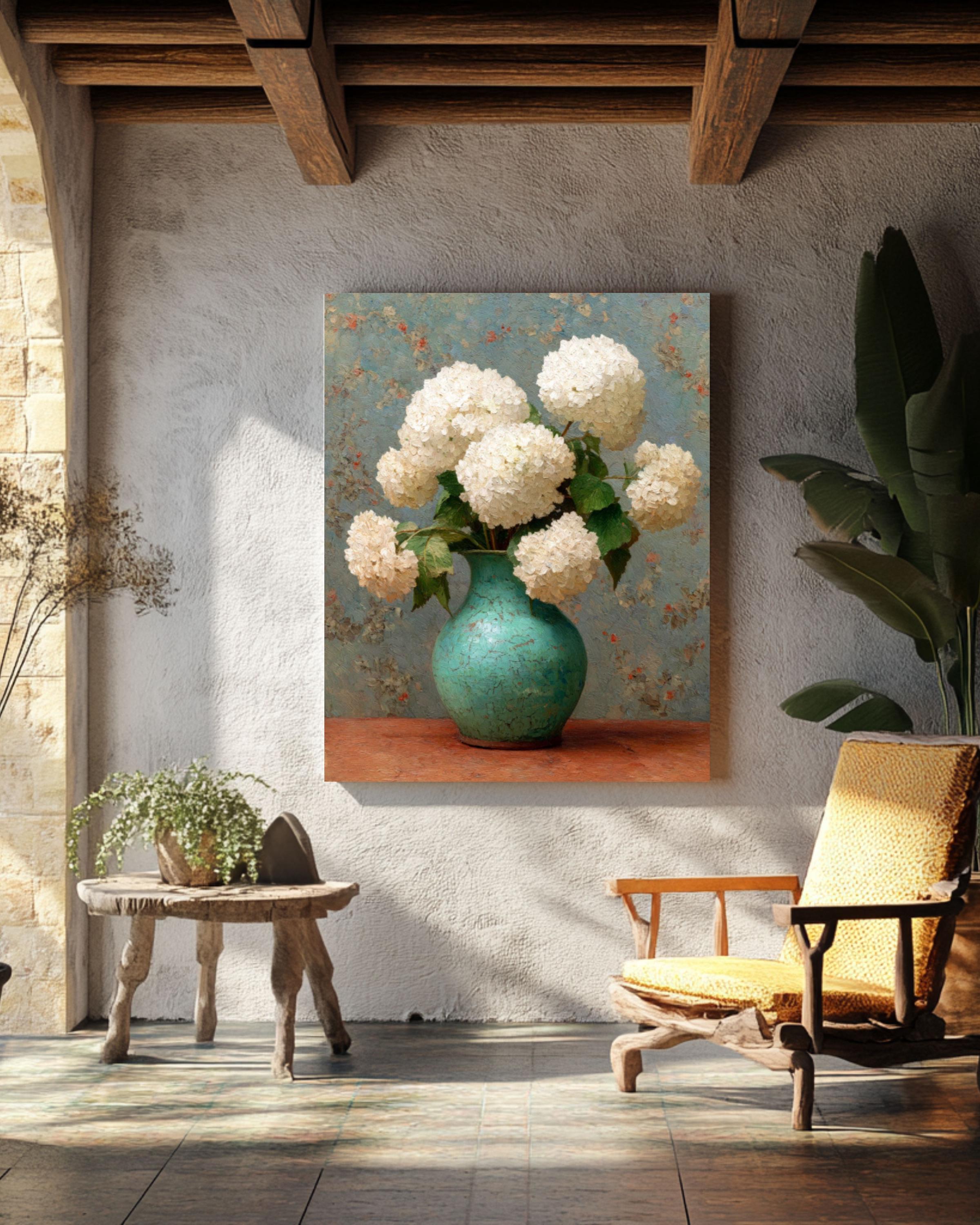 Vintage Hydrangea Floral Painting – White Flowers Vase Canvas Wall Art