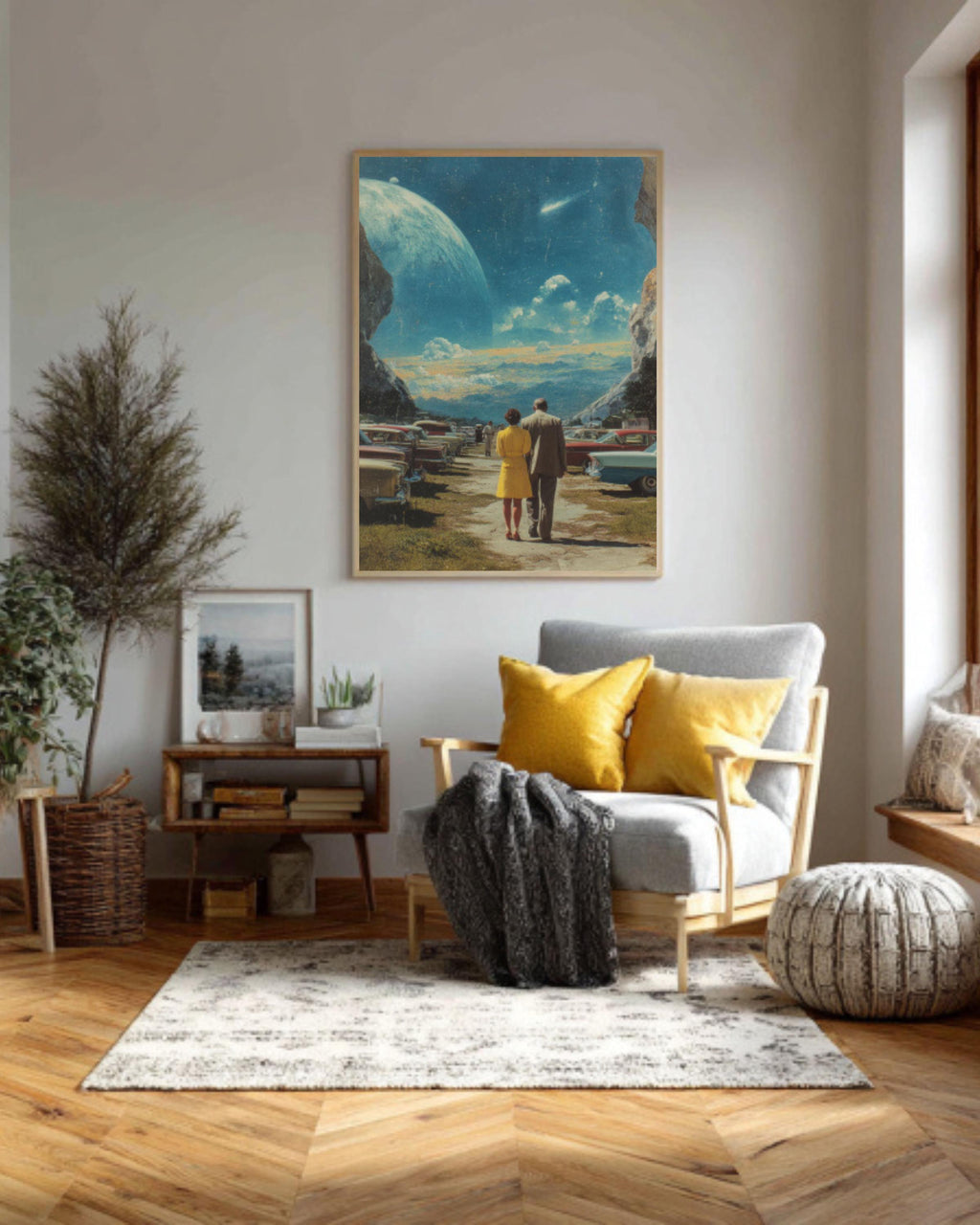 Vintage Space Collage Art Print â€“ Earth's Edge, Retro Cars Canvas Wall Art Print – Premium Home Decor