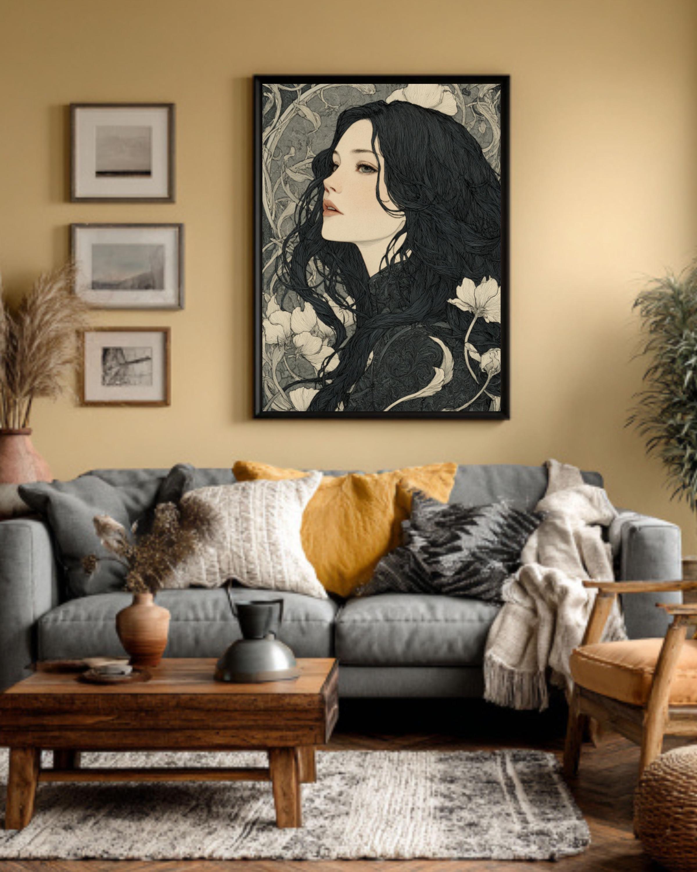 Art Nouveau Woman Ink Drawing â€“ Dark Fantasy Canvas Print Canvas Wall Art Print – Premium Home Decor