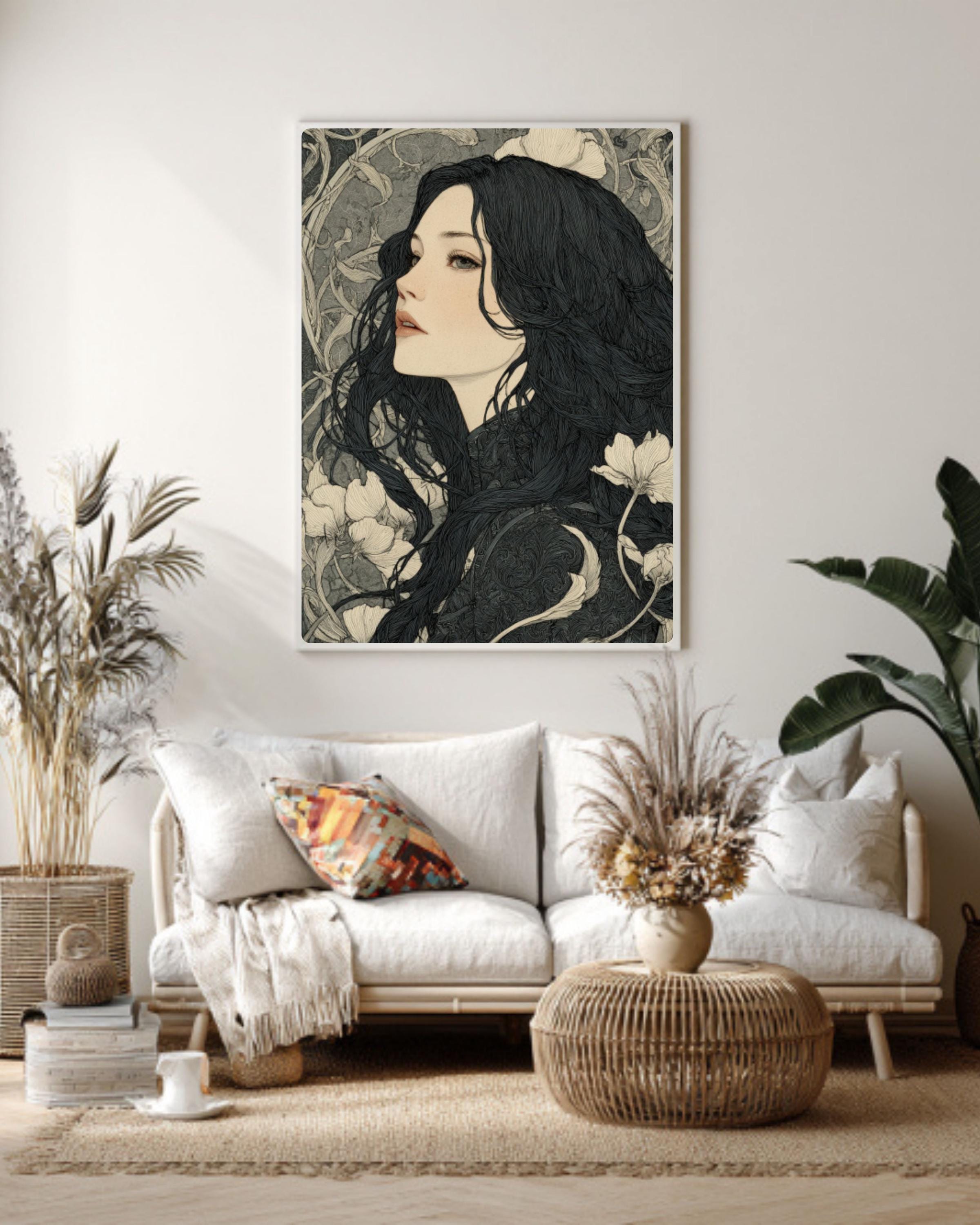 Art Nouveau Woman Ink Drawing â€“ Dark Fantasy Canvas Print Canvas Wall Art Print – Premium Home Decor