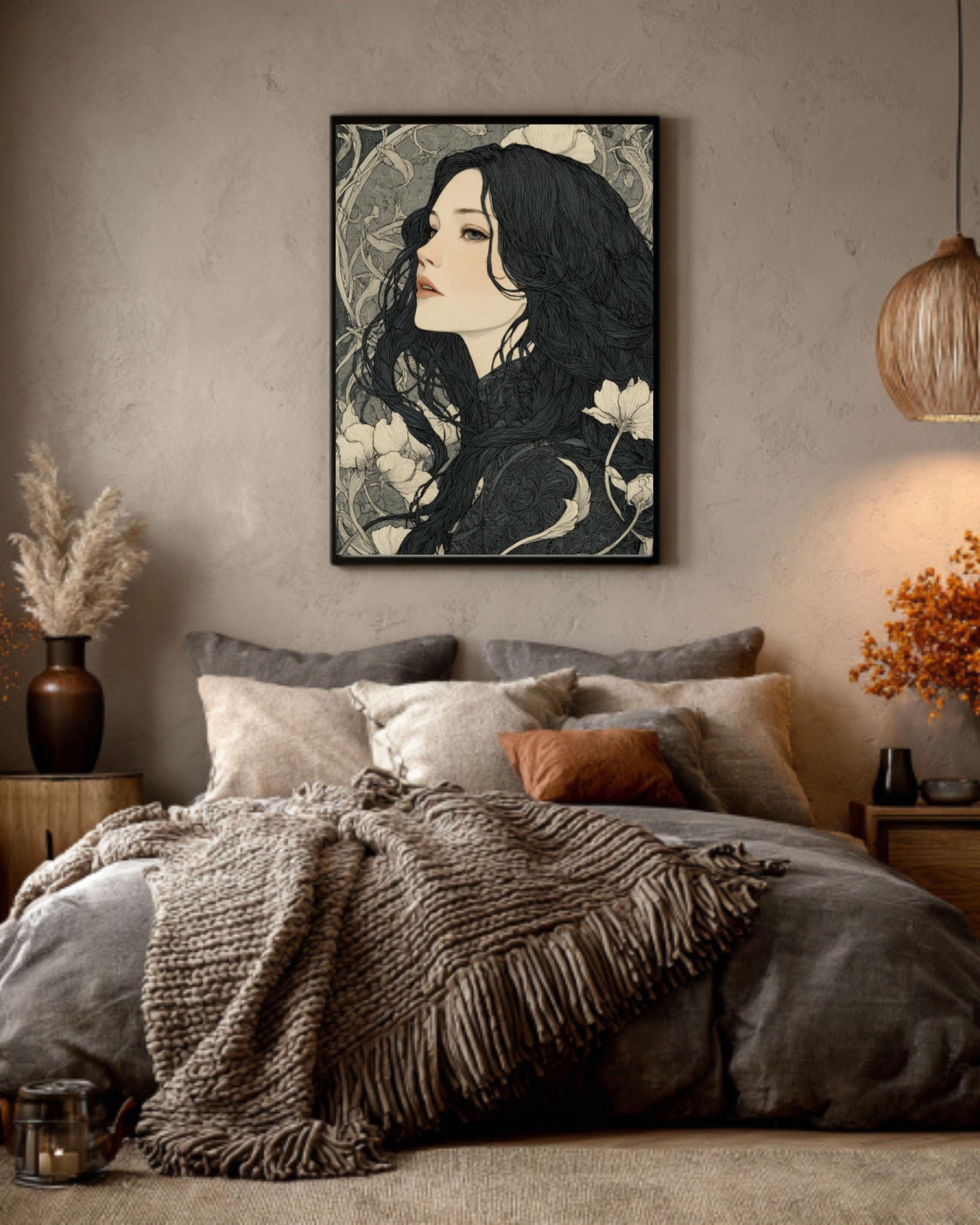 Art Nouveau Woman Ink Drawing â€“ Dark Fantasy Canvas Print Canvas Wall Art Print – Premium Home Decor