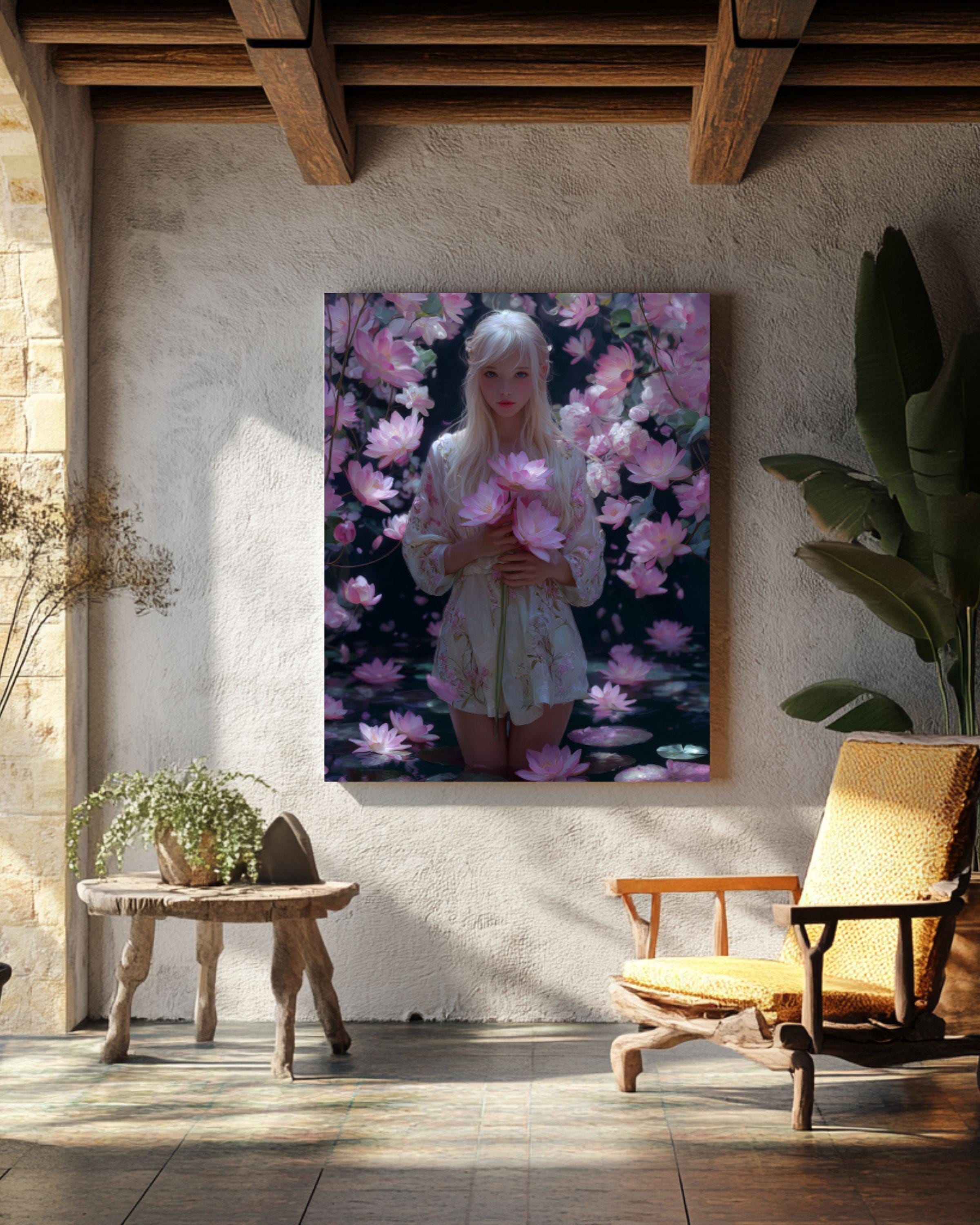Sailor Moon Canvas Print â€“ Blonde Girl, Lotus & Cherry Blossoms Canvas Wall Art Print – Premium Home Decor