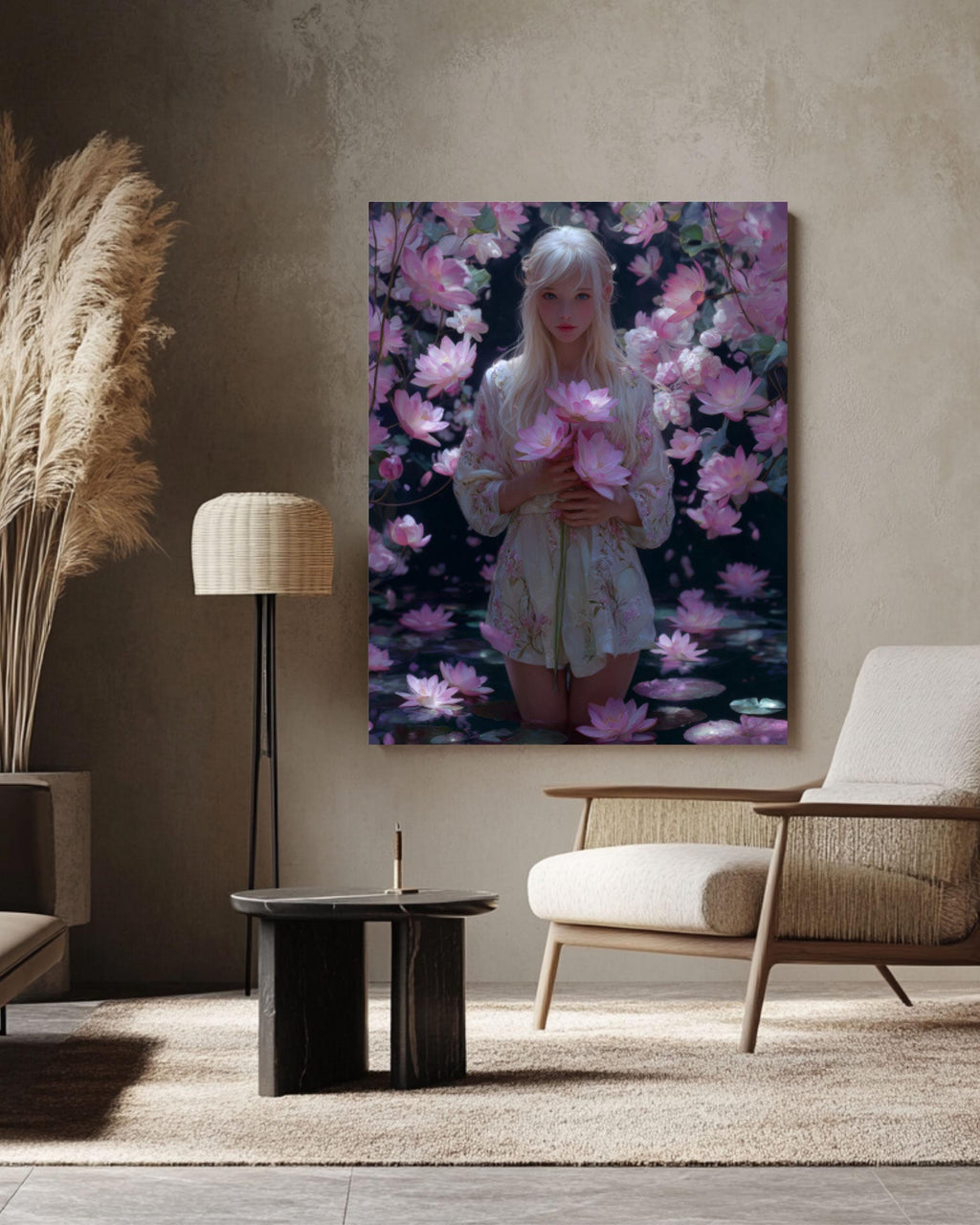 Sailor Moon Canvas Print â€“ Blonde Girl, Lotus & Cherry Blossoms Canvas Wall Art Print – Premium Home Decor