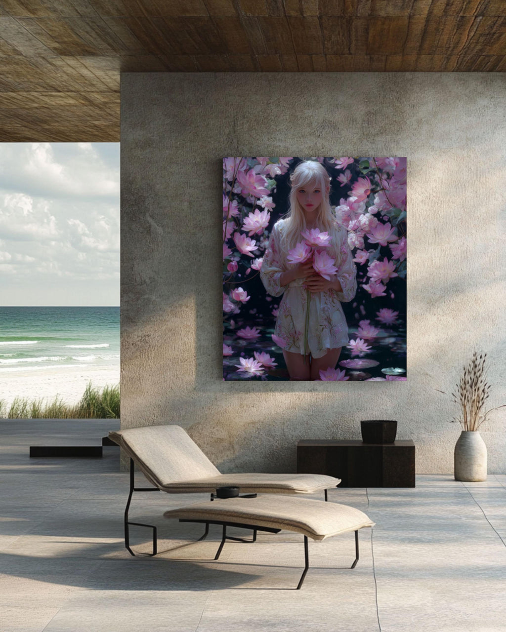 Sailor Moon Canvas Print â€“ Blonde Girl, Lotus & Cherry Blossoms Canvas Wall Art Print – Premium Home Decor