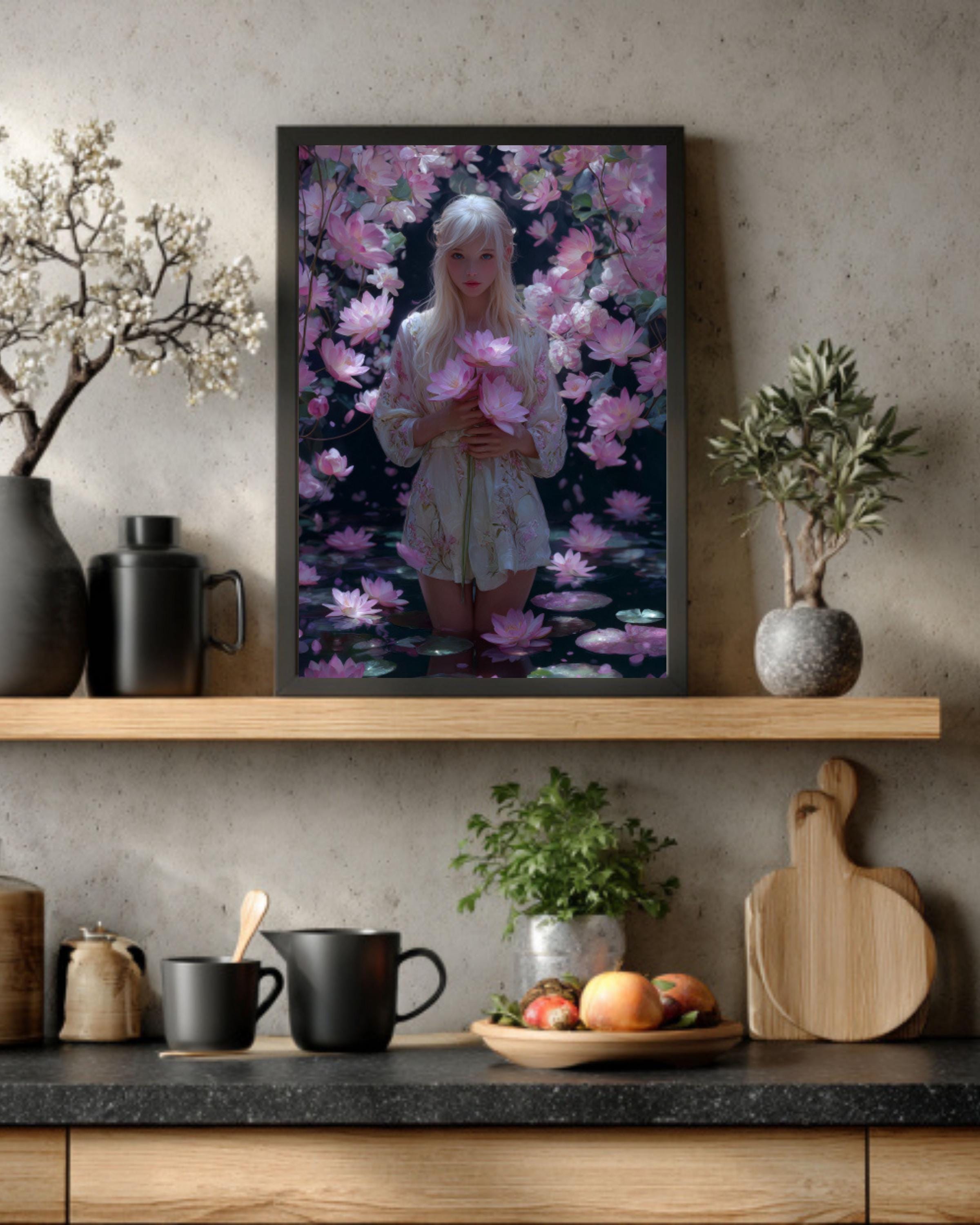 Sailor Moon Canvas Print â€“ Blonde Girl, Lotus & Cherry Blossoms Canvas Wall Art Print – Premium Home Decor