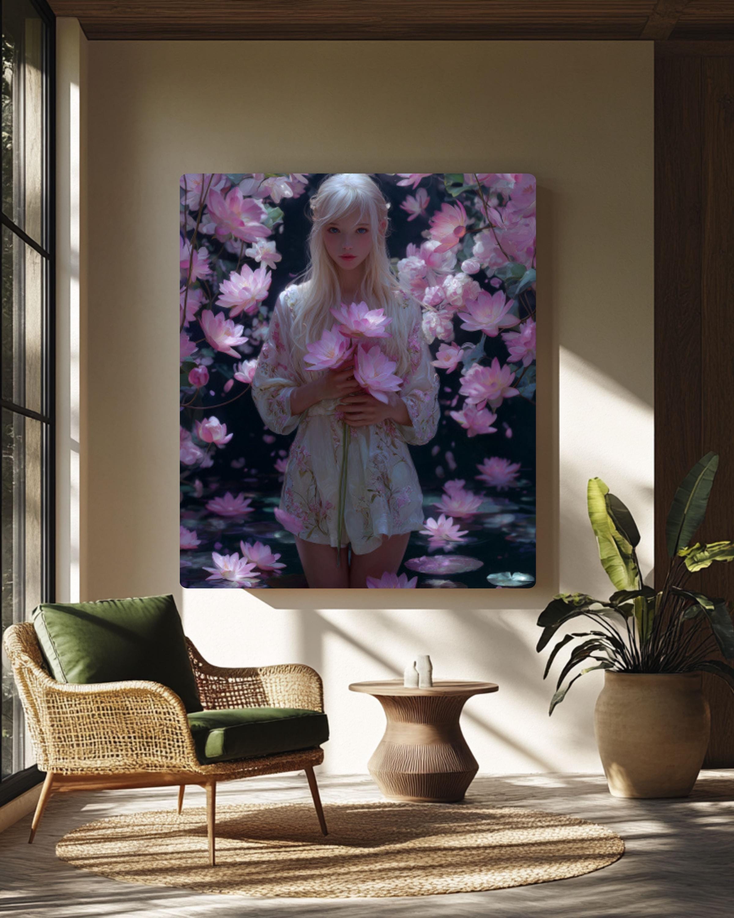Sailor Moon Canvas Print â€“ Blonde Girl, Lotus & Cherry Blossoms Canvas Wall Art Print – Premium Home Decor