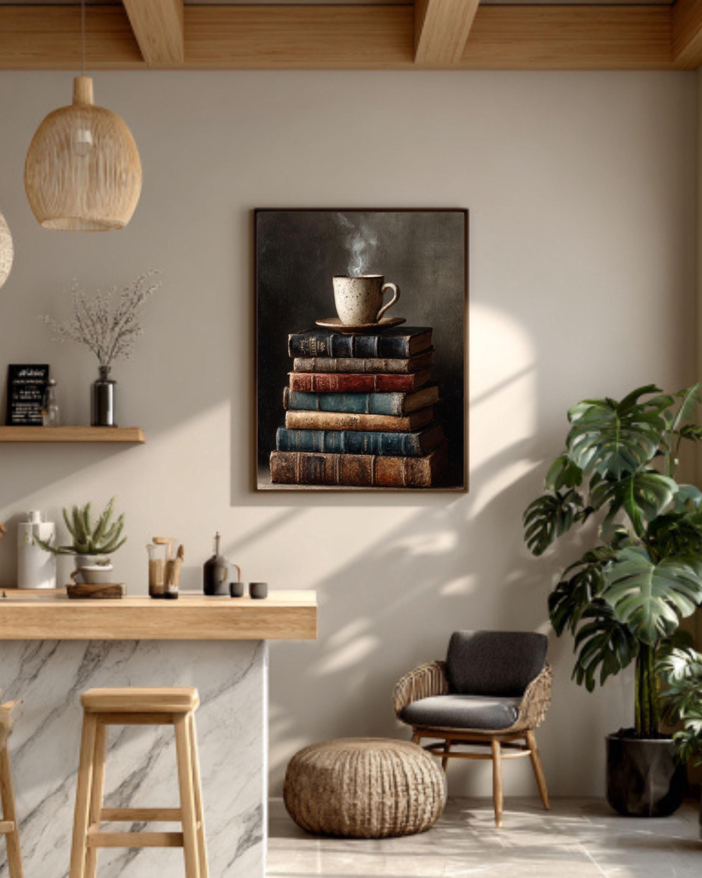 Vintage Books & Coffee Art Print â€“ Cozy Reading Scene, Home Decor Canvas Wall Art Print – Premium Home Decor