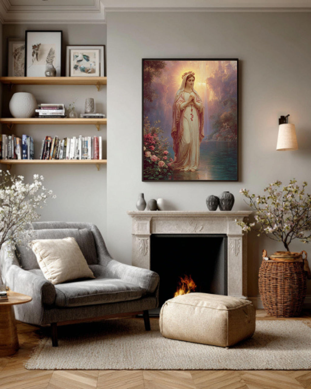 Our Lady Praying Lithograph – Rosary Beads, Soft Pastel Canvas Art