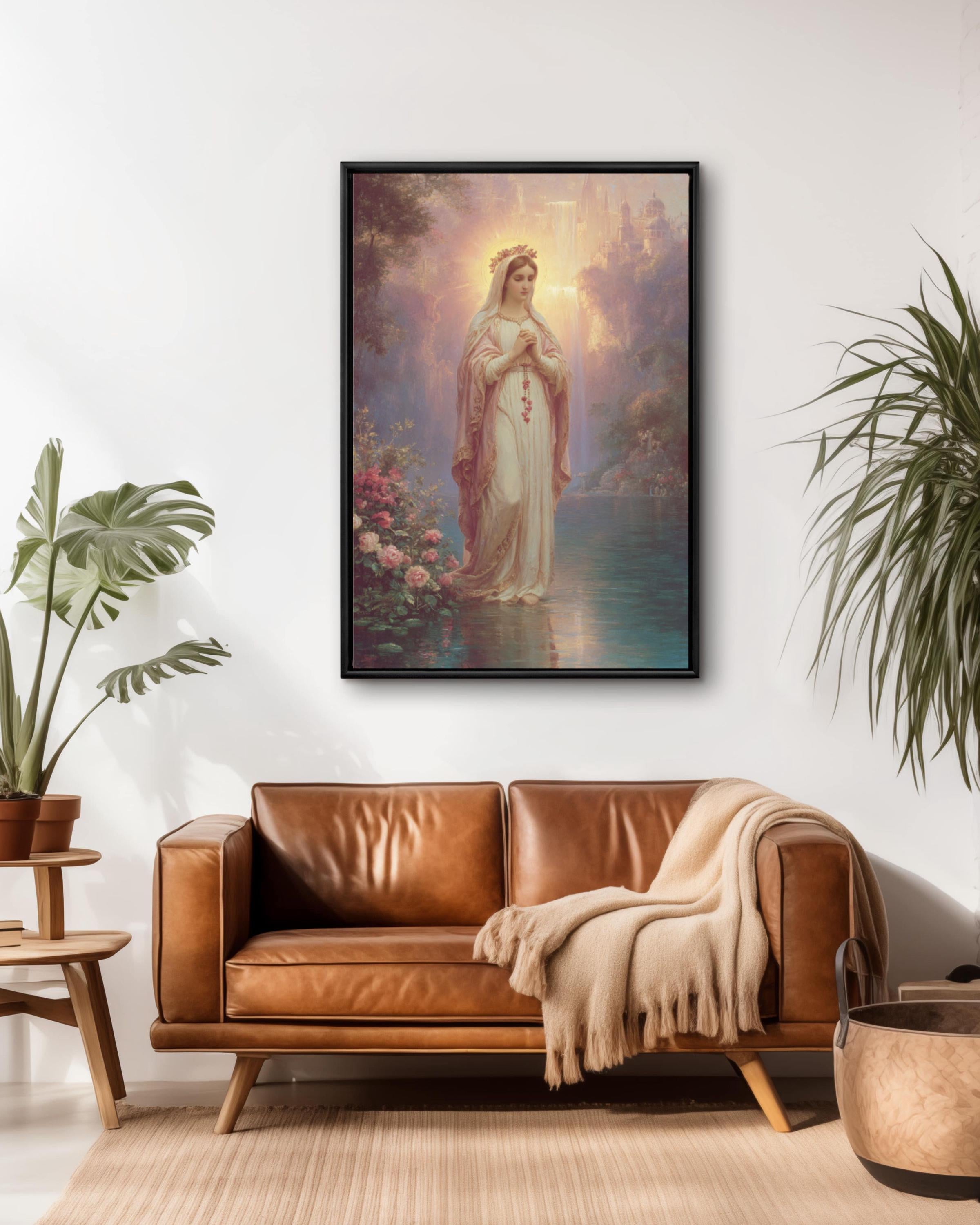 Our Lady Praying Lithograph – Rosary Beads, Soft Pastel Canvas Art