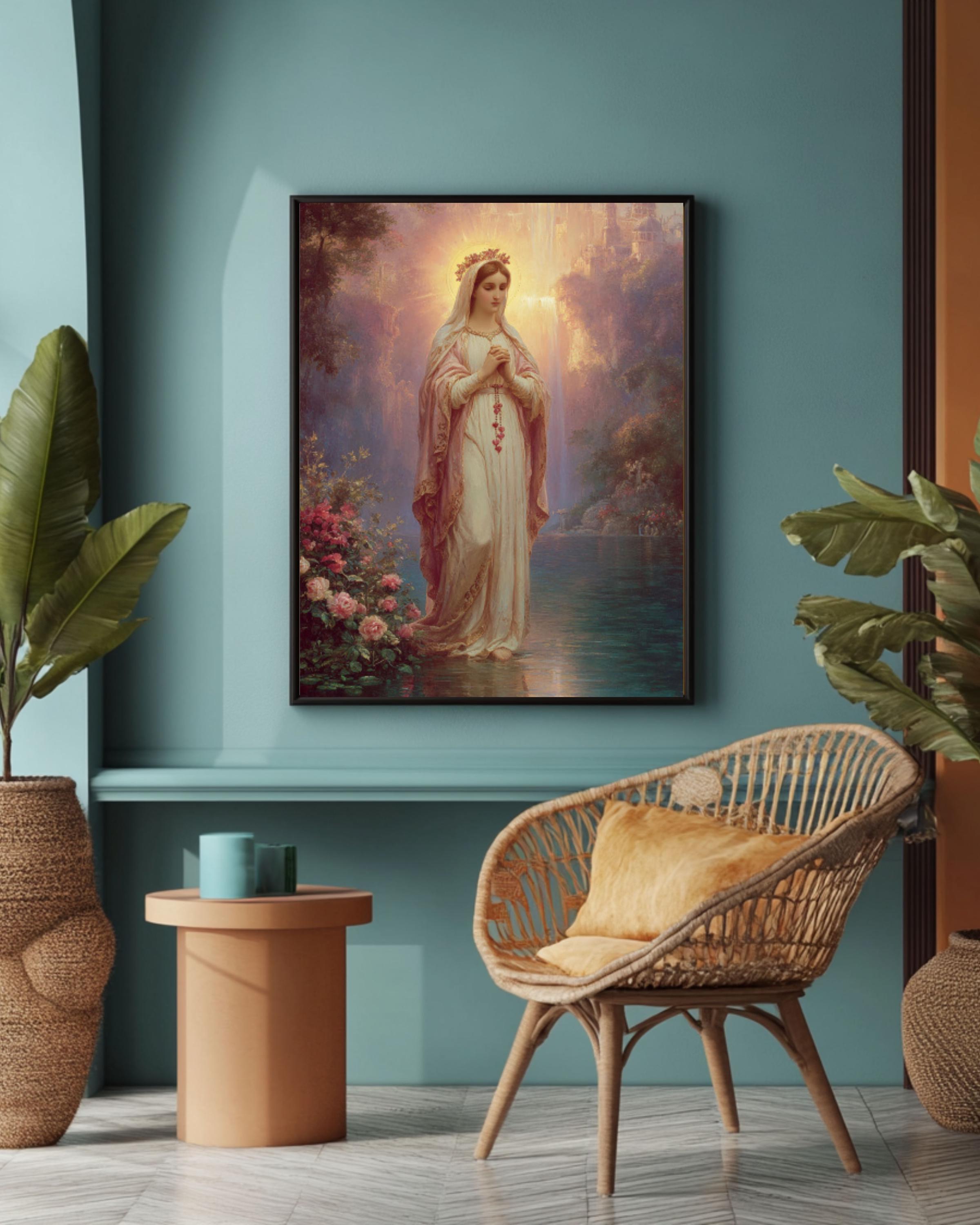 Our Lady Praying Lithograph – Rosary Beads, Soft Pastel Canvas Art