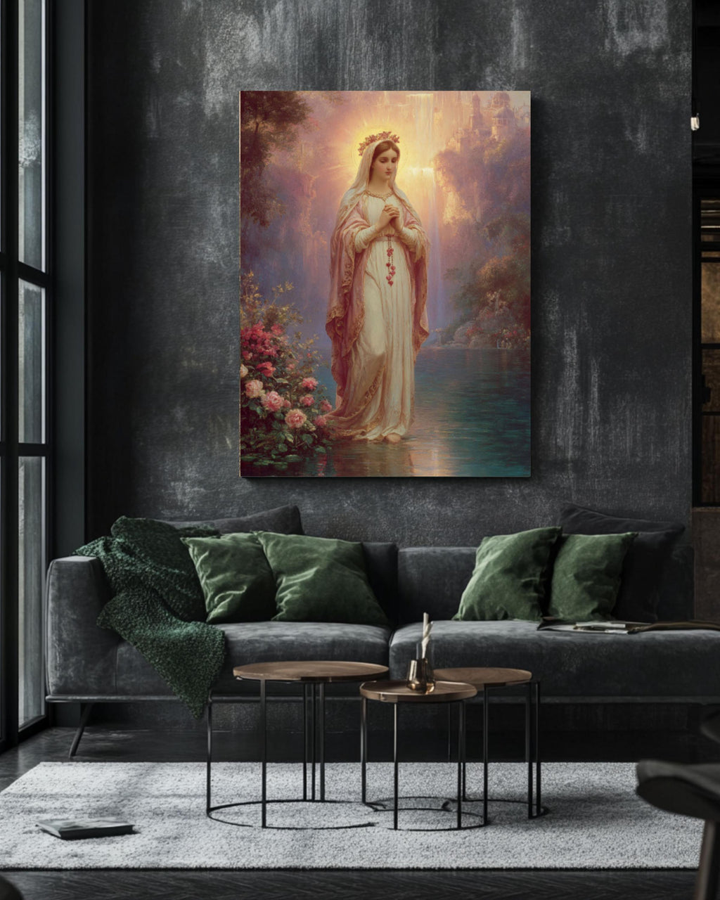 Our Lady Praying Lithograph – Rosary Beads, Soft Pastel Canvas Art