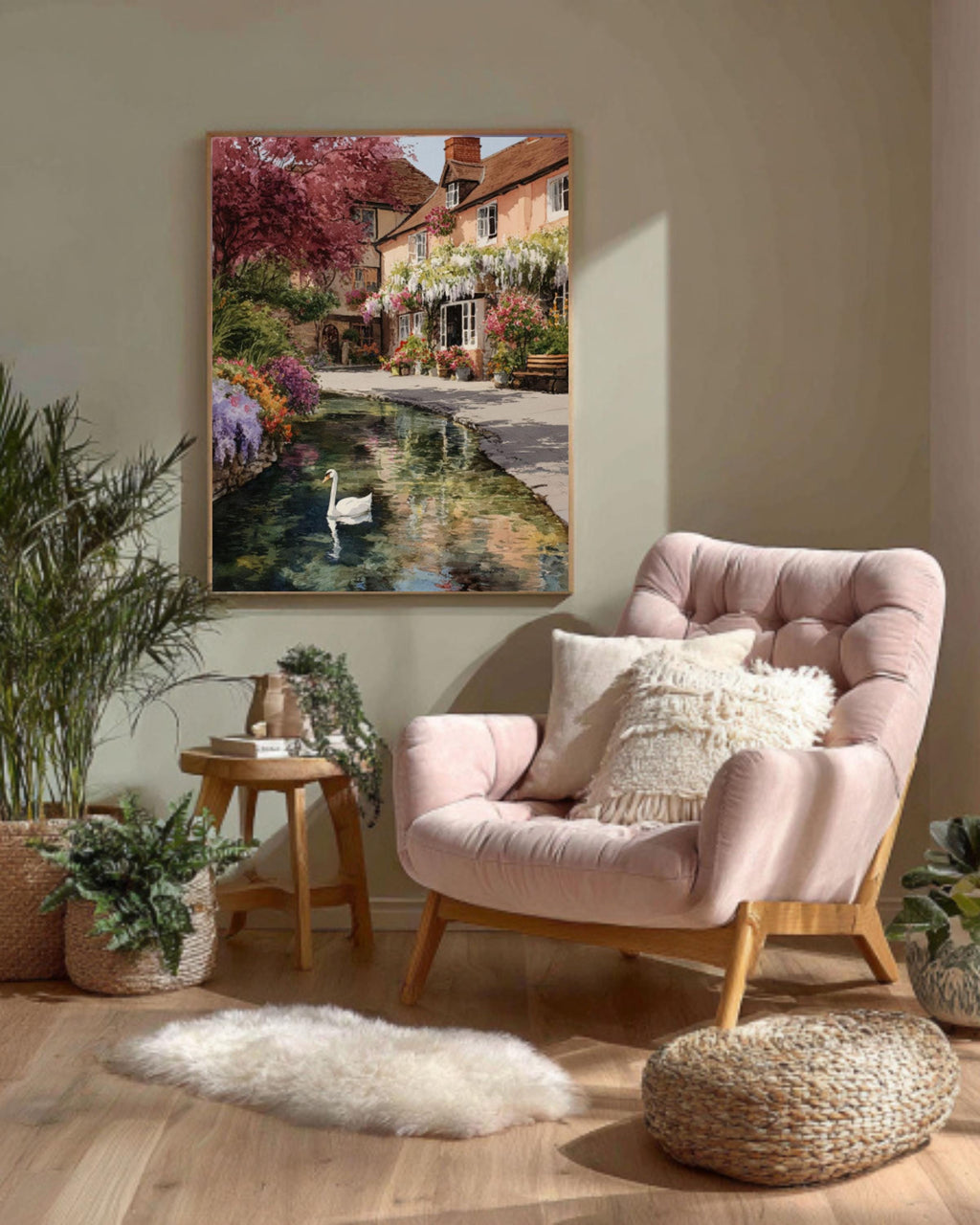 English Village Spring Watercolor Print – Swan, Wisteria, Floral Garden