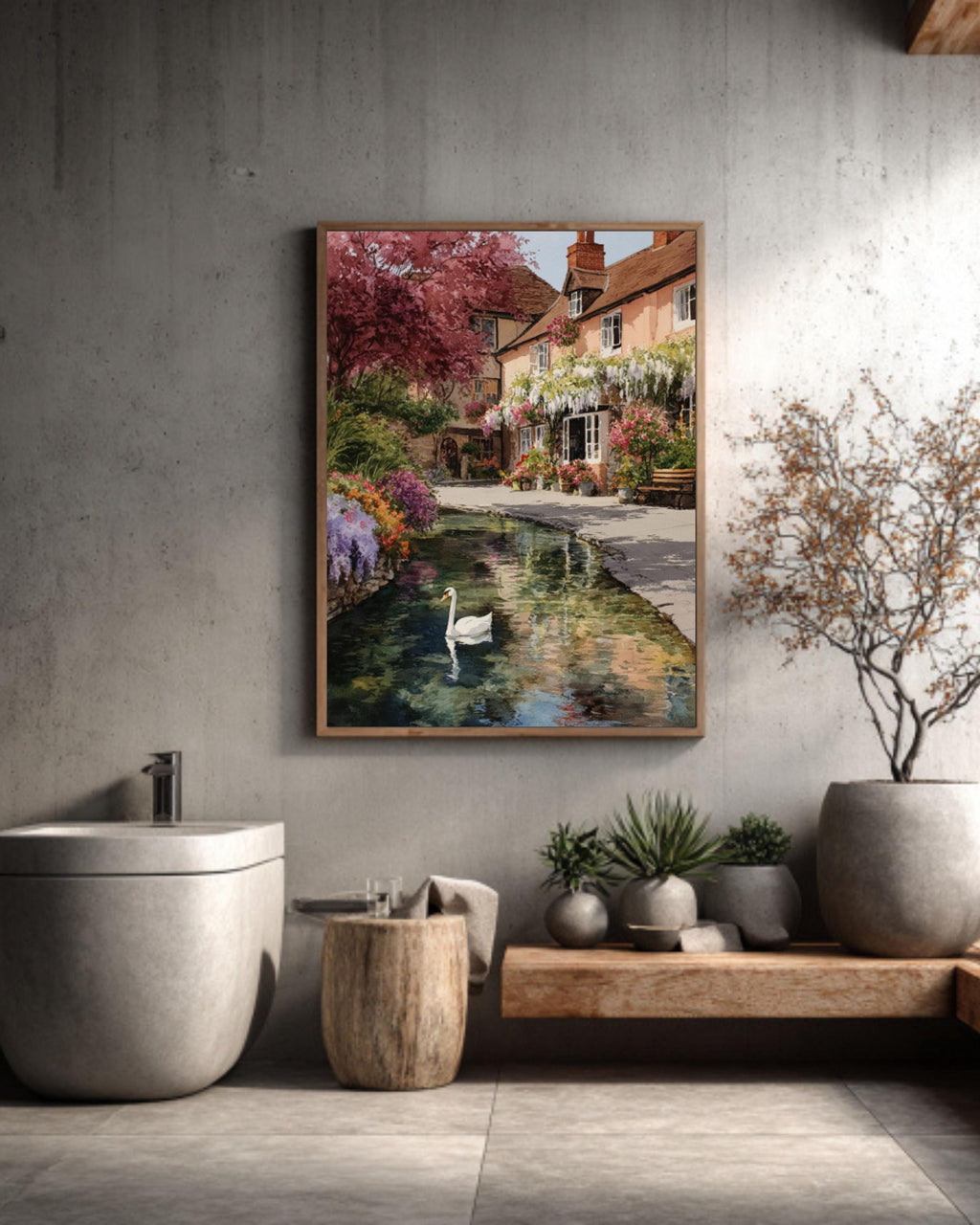 English Village Spring Watercolor Print – Swan, Wisteria, Floral Garden