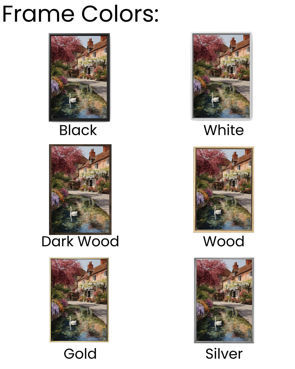 English Village Spring Watercolor Print – Swan, Wisteria, Floral Garden