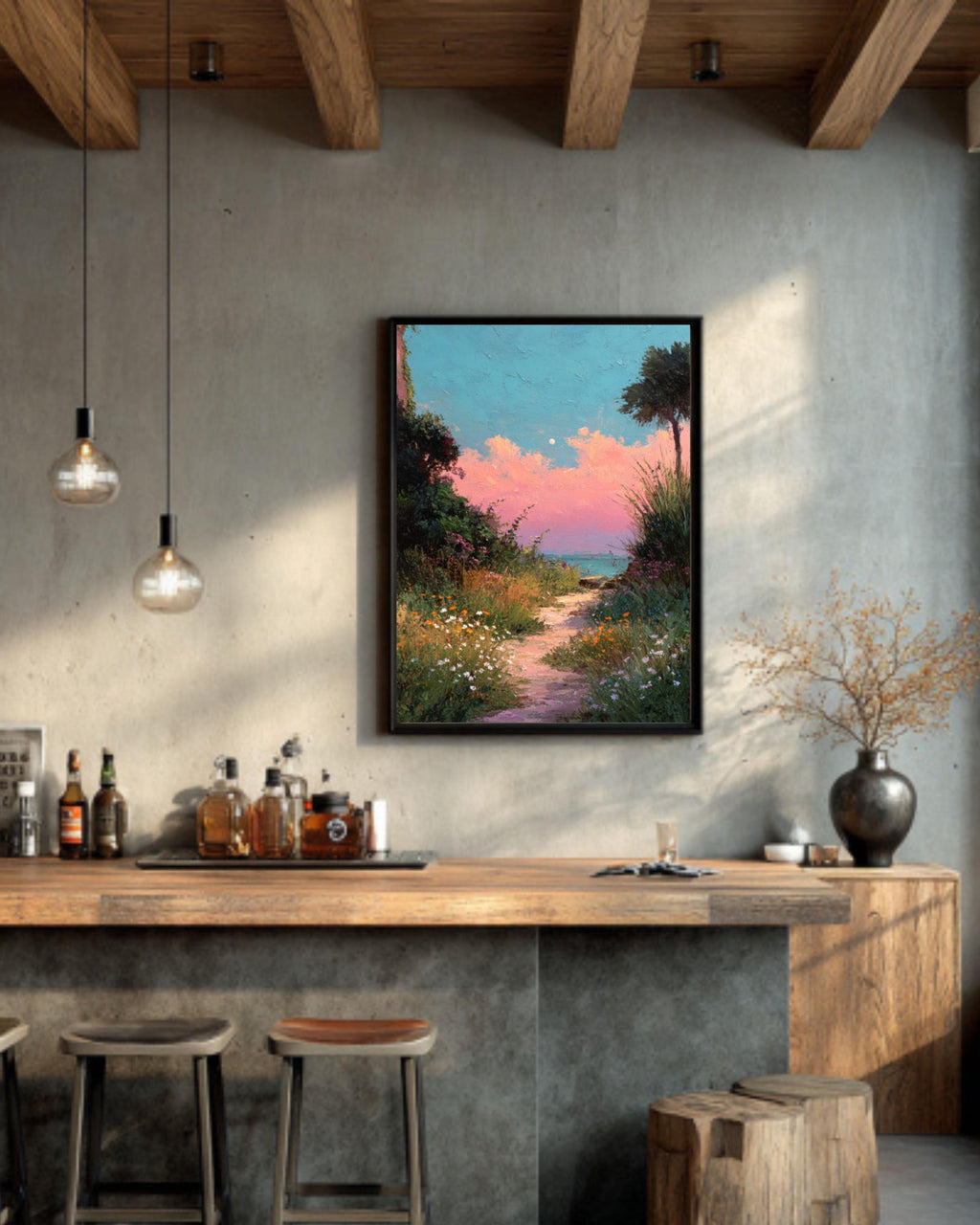 Pastel Beach Path Acrylic Painting – Pink Sunset, Coastal Wall Art
