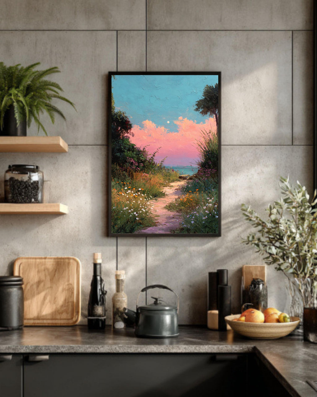 Pastel Beach Path Acrylic Painting – Pink Sunset, Coastal Wall Art