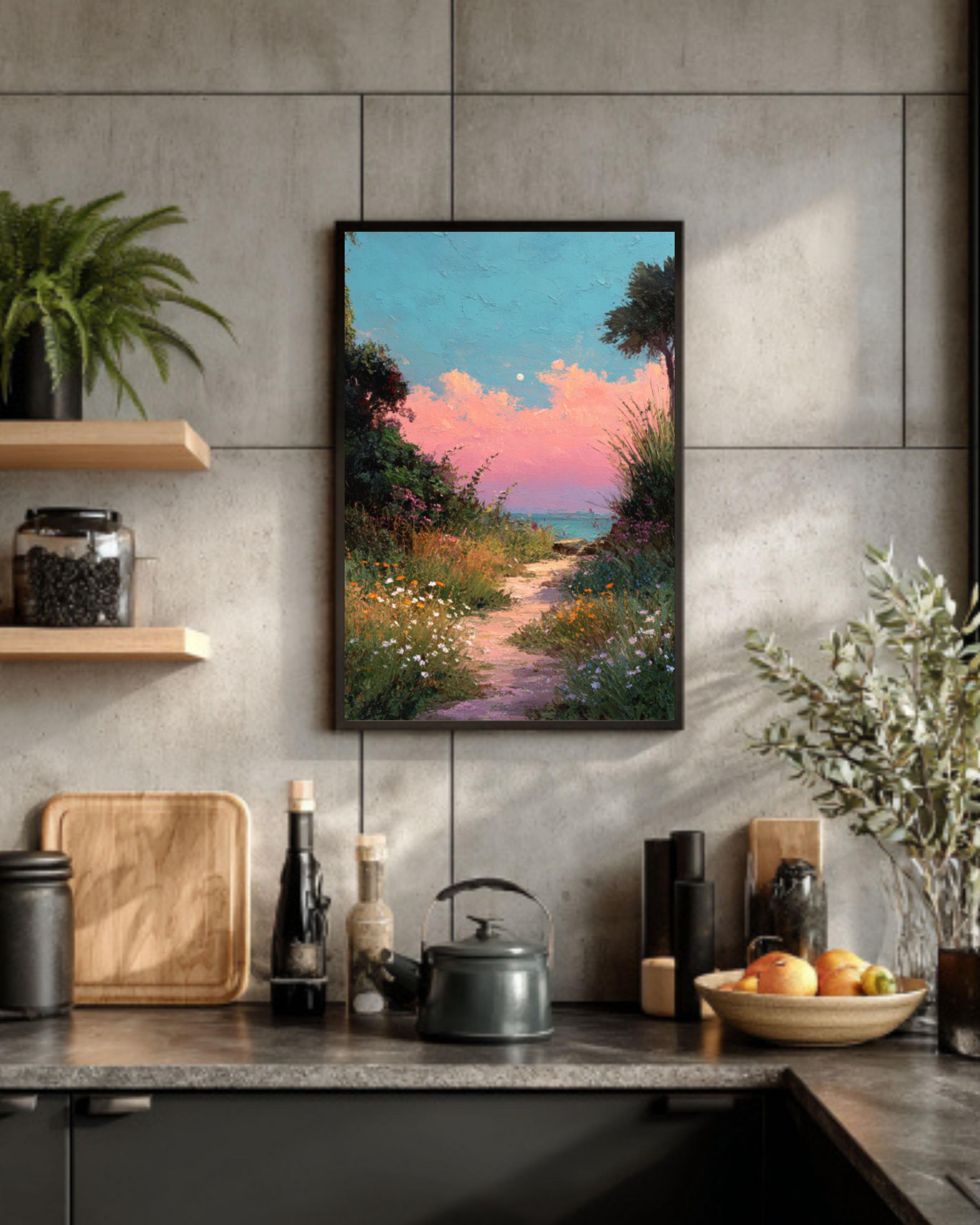 Pastel Beach Path Acrylic Painting – Pink Sunset, Coastal Wall Art