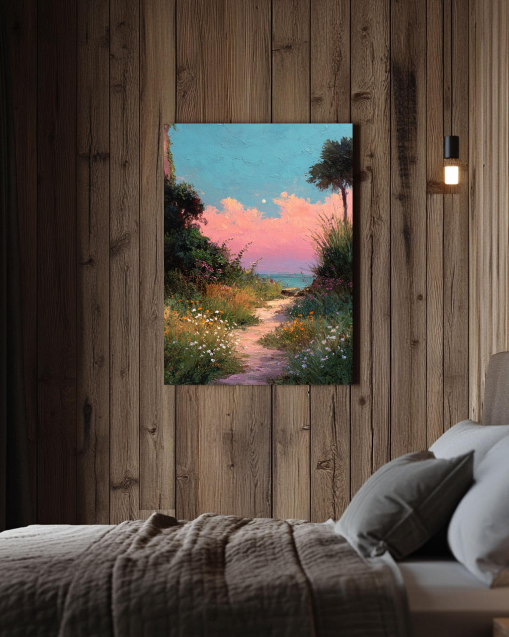 Pastel Beach Path Acrylic Painting – Pink Sunset, Coastal Wall Art
