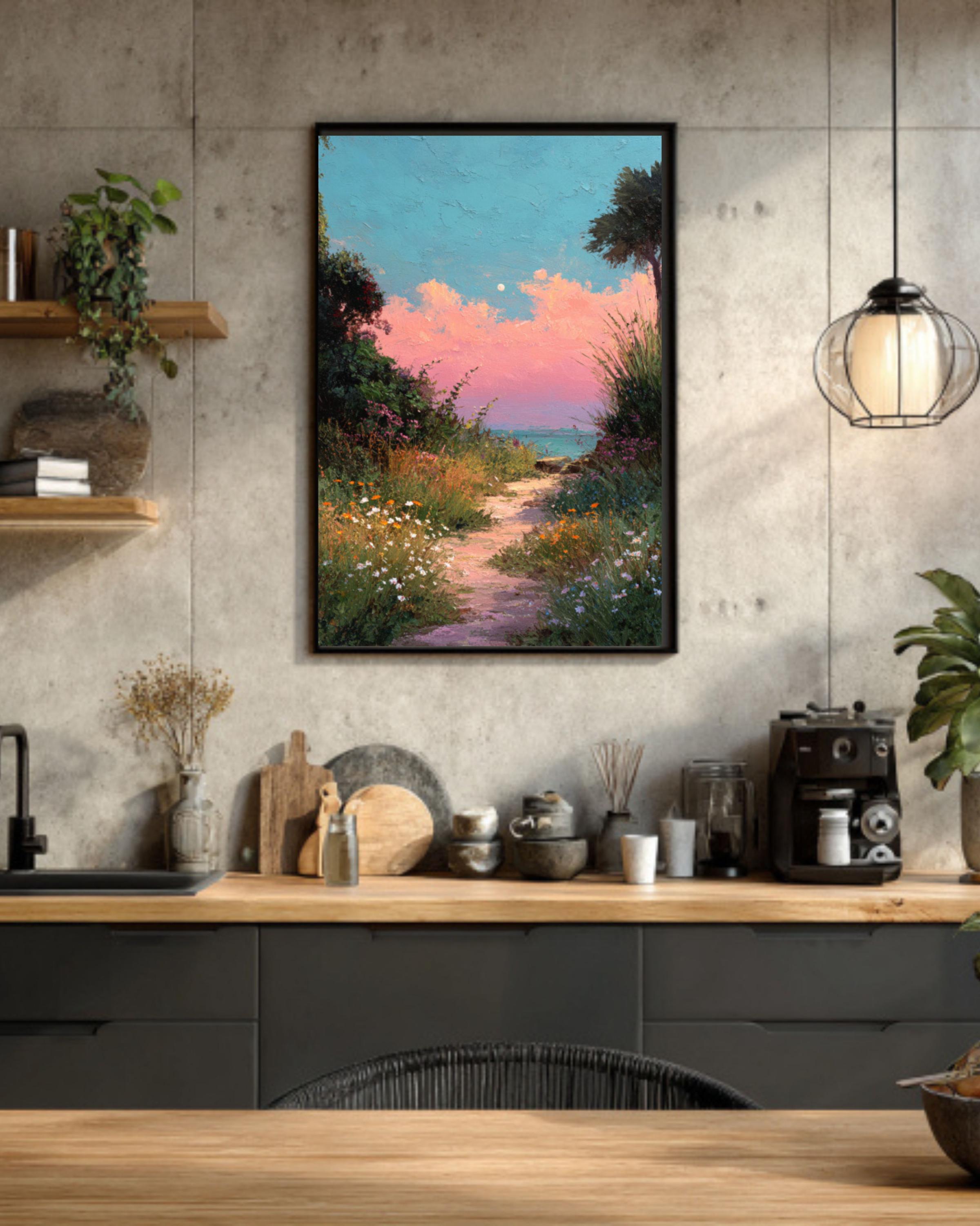 Pastel Beach Path Acrylic Painting – Pink Sunset, Coastal Wall Art