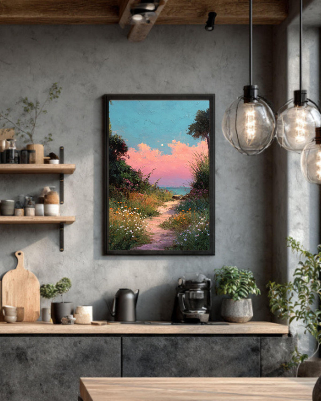Pastel Beach Path Acrylic Painting – Pink Sunset, Coastal Wall Art