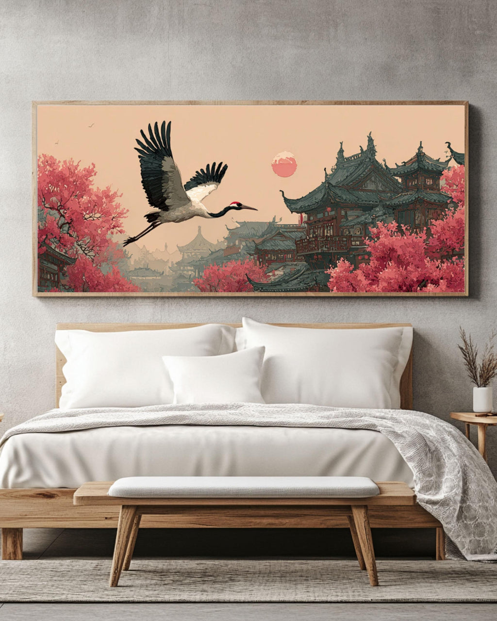 Red-Crowned Crane Canvas Art â€“ Chinese Ink Wash, Blossoms & Architecture Canvas Wall Art Print – Premium Home Decor