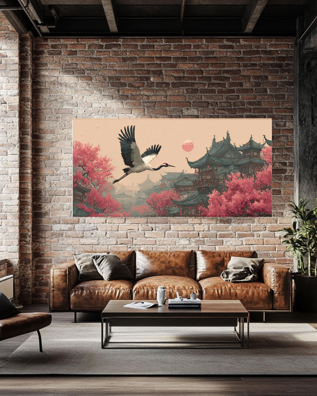 Red-Crowned Crane Canvas Art â€“ Chinese Ink Wash, Blossoms & Architecture Canvas Wall Art Print – Premium Home Decor