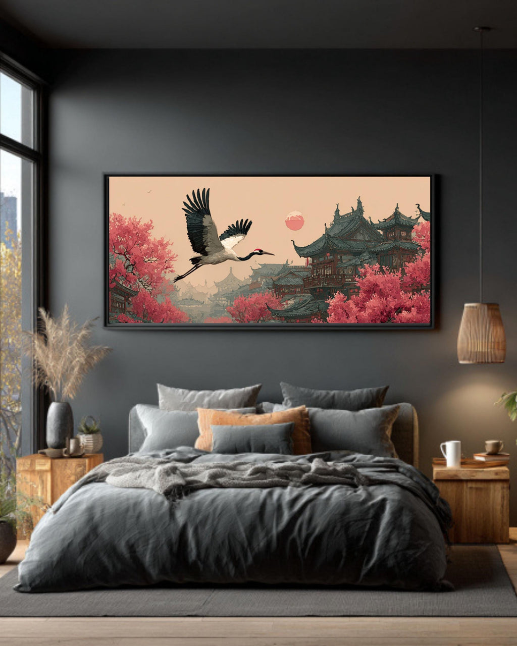 Red-Crowned Crane Canvas Art â€“ Chinese Ink Wash, Blossoms & Architecture Canvas Wall Art Print – Premium Home Decor