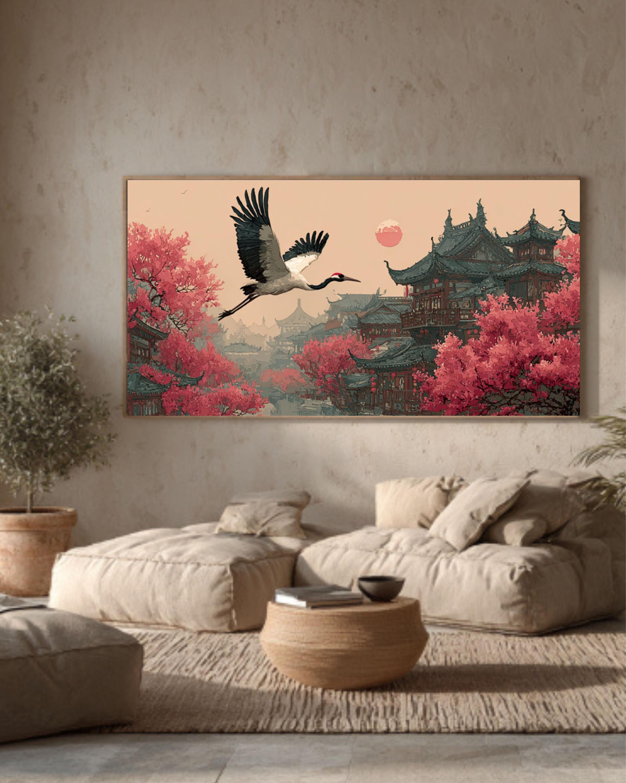 Red-Crowned Crane Canvas Art â€“ Chinese Ink Wash, Blossoms & Architecture Canvas Wall Art Print – Premium Home Decor