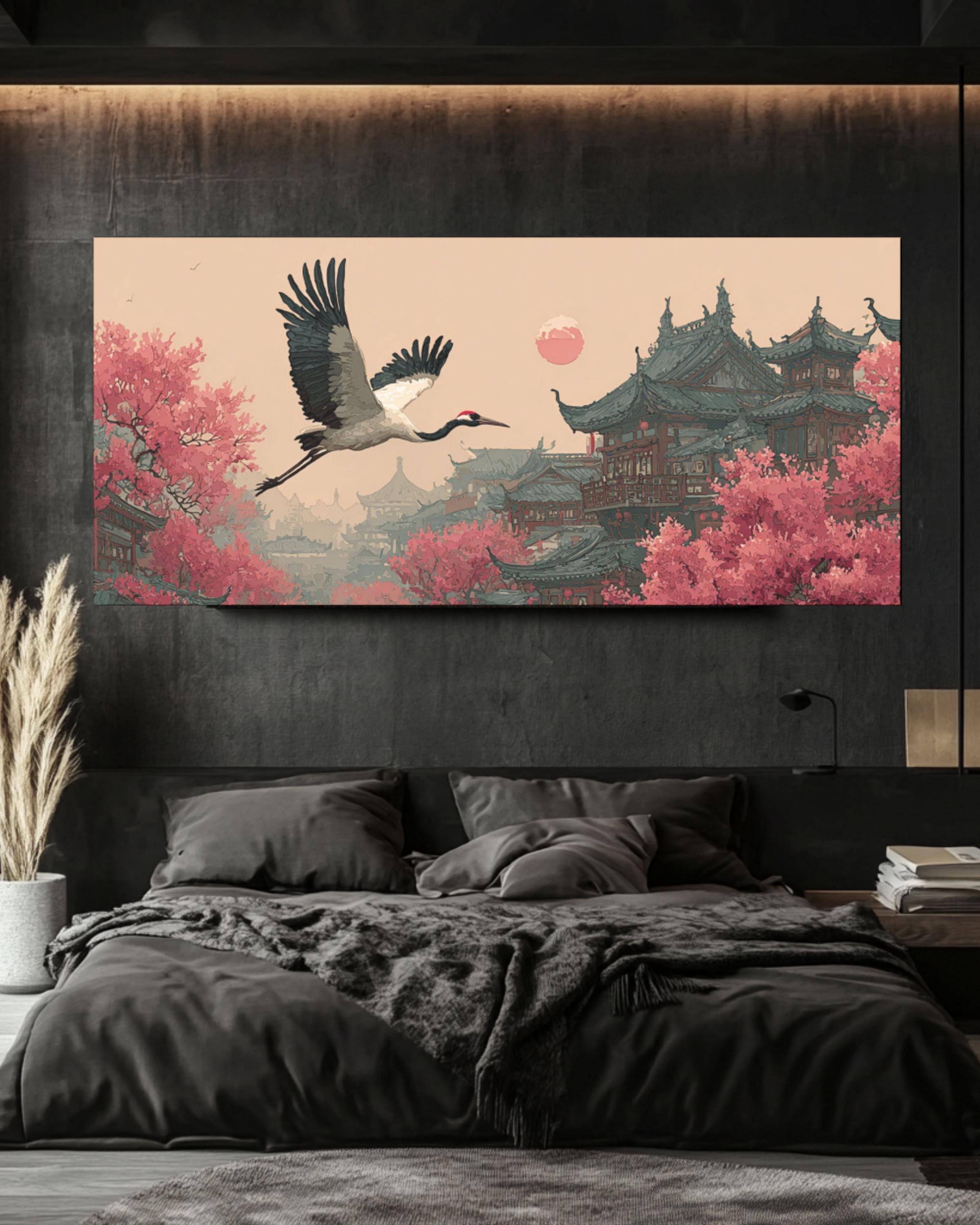 Red-Crowned Crane Canvas Art â€“ Chinese Ink Wash, Blossoms & Architecture Canvas Wall Art Print – Premium Home Decor