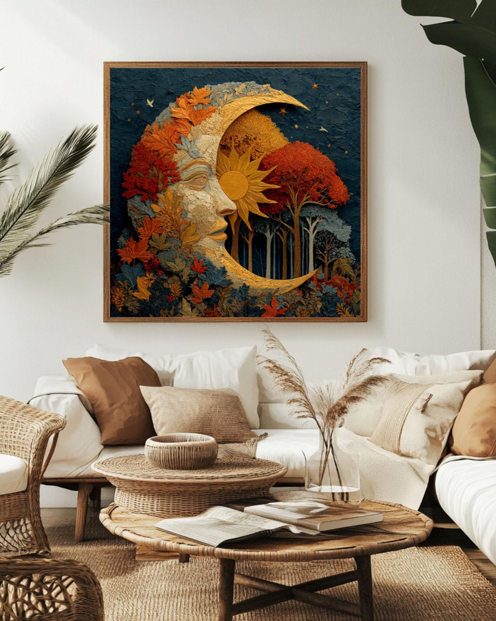Autumn Moon & Sun Watercolor Print – Fall Trees, Celestial Wall Art