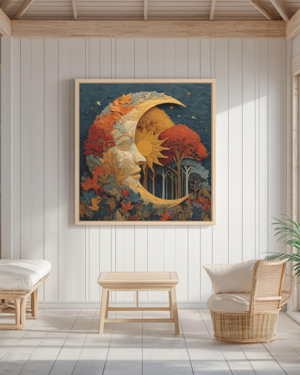 Autumn Moon & Sun Watercolor Print – Fall Trees, Celestial Wall Art